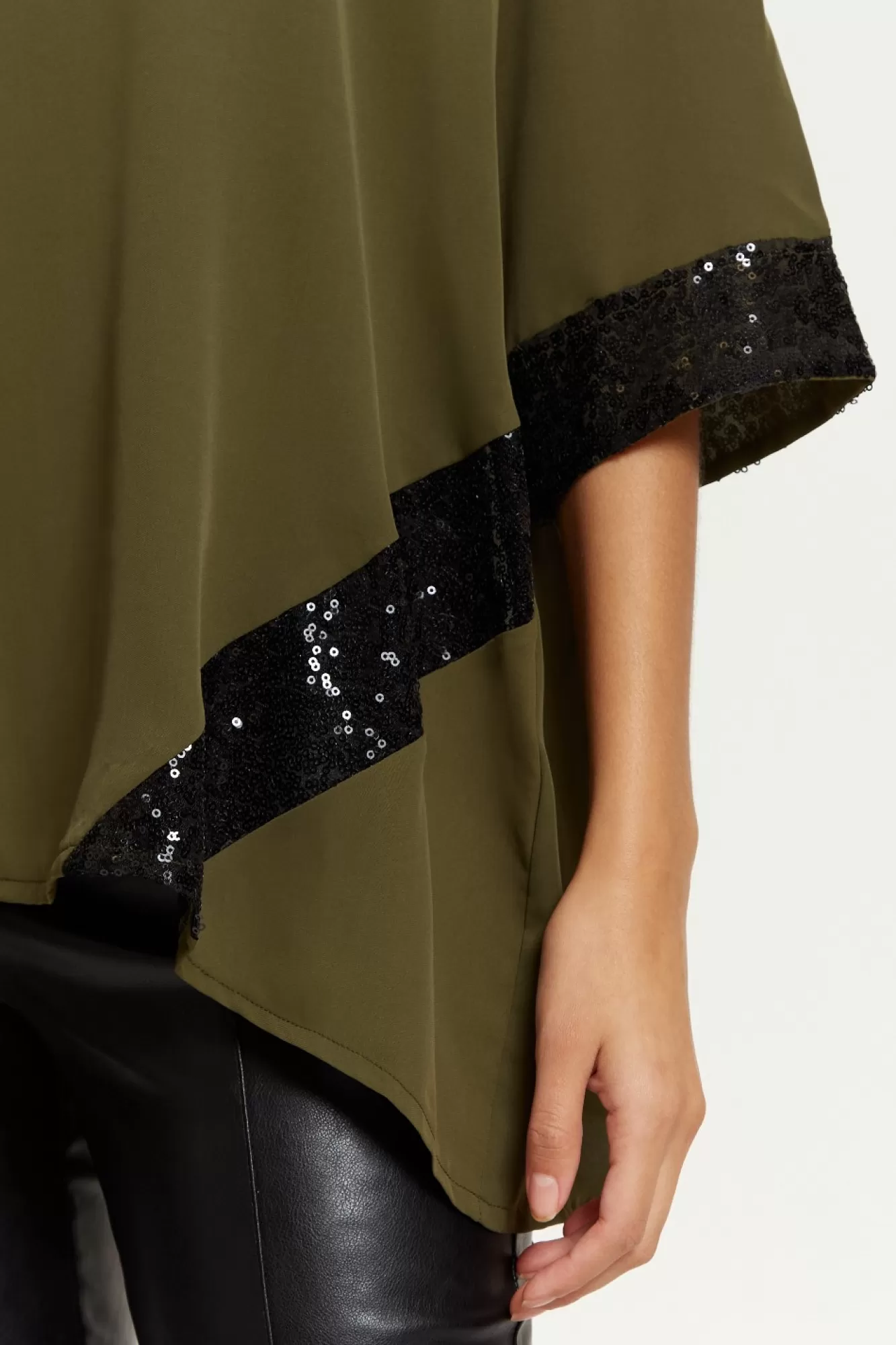 Blouses^Hoxton Gal Oversized V Neck Sequin Detailed Satin Top Khaki