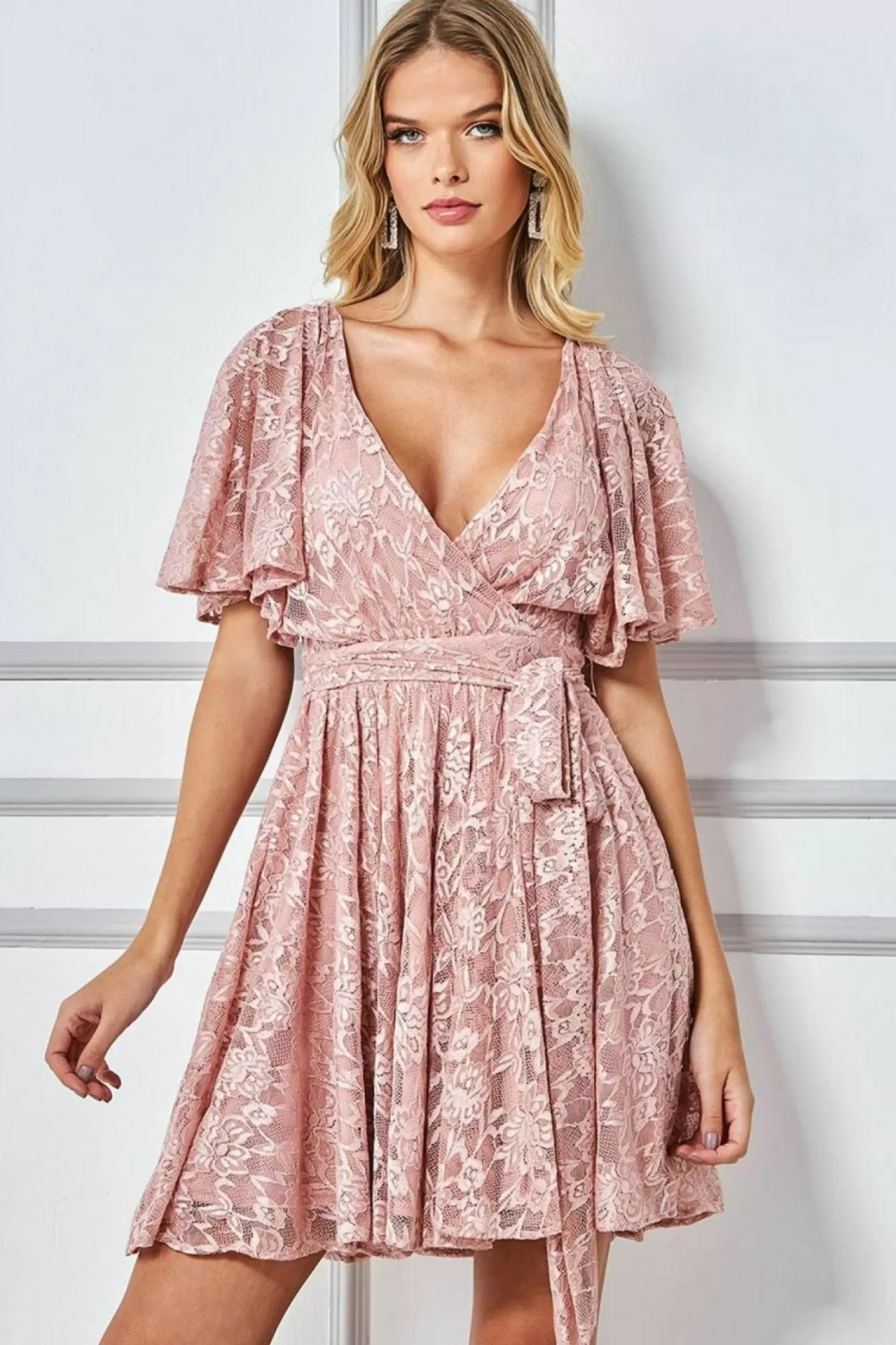 Mini Dresses^* Lace Kimono Wrap Skater Mini Dress Blush