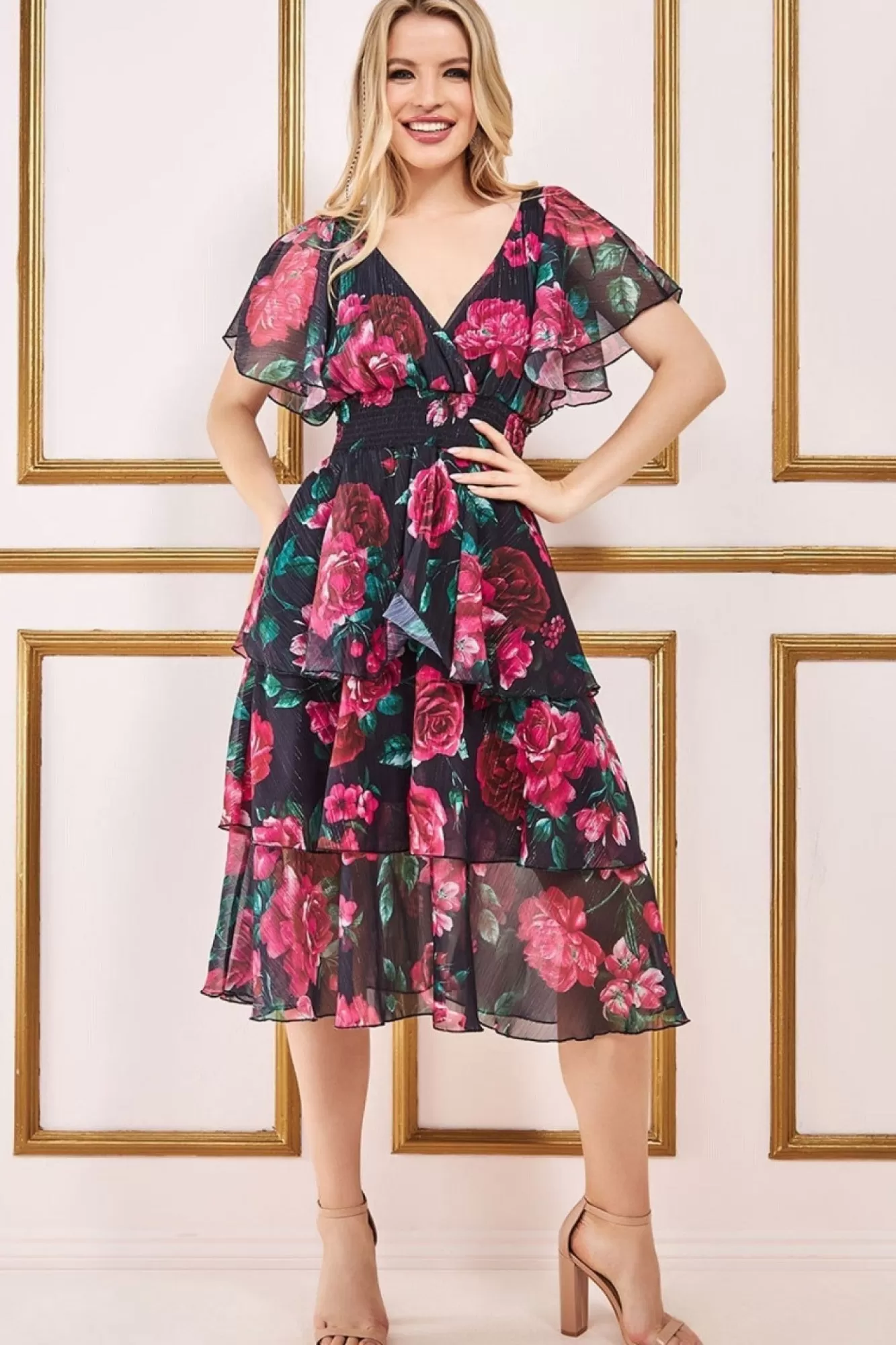 Midi Dresses^* Layered Floral Midi Flutter Sleeves Blackfloral
