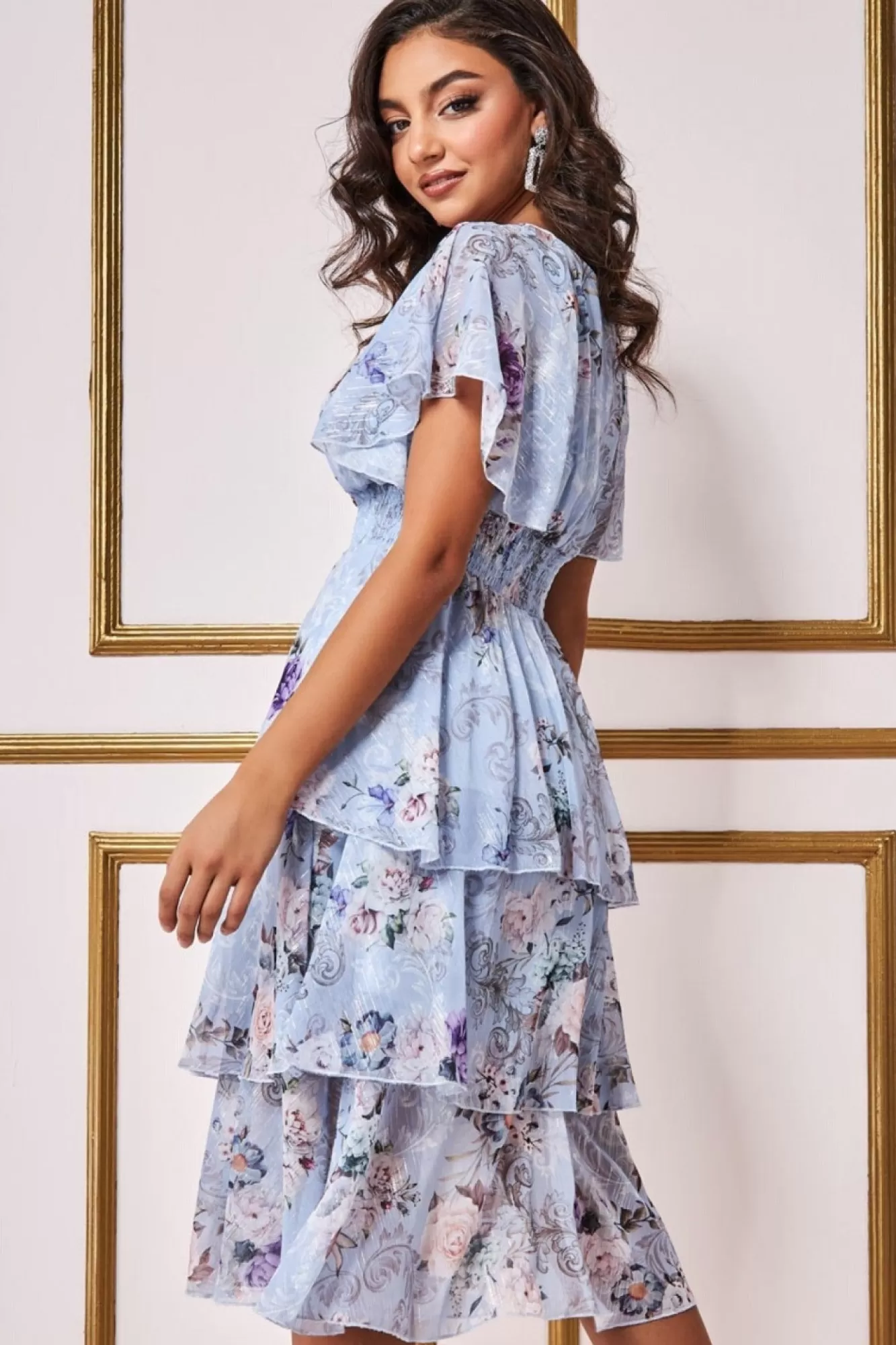 Midi Dresses^* Layered Floral Midi Flutter Sleeves Bluefloral