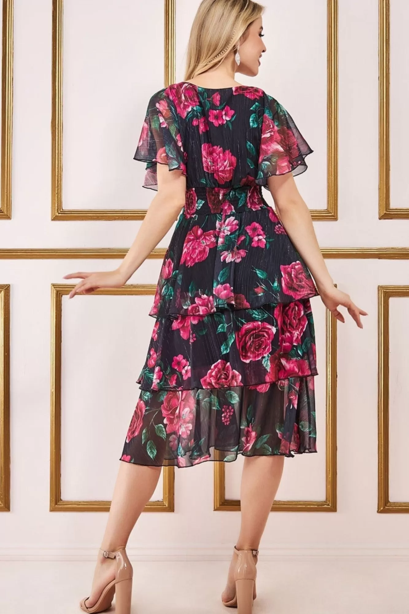 Midi Dresses^* Layered Floral Midi Flutter Sleeves Blackfloral