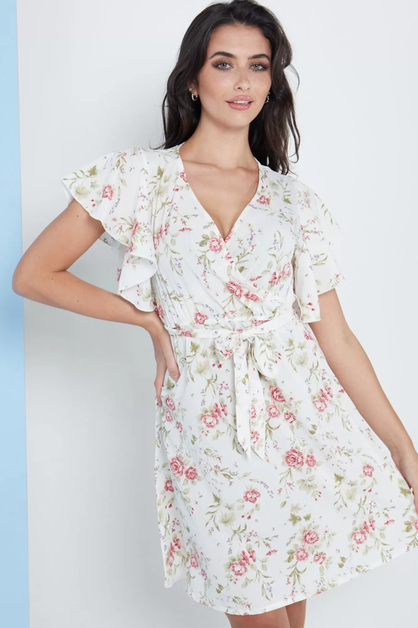 Mini Dresses^Lilura London Angel Sleeves Wrap Dress In Floral Print White