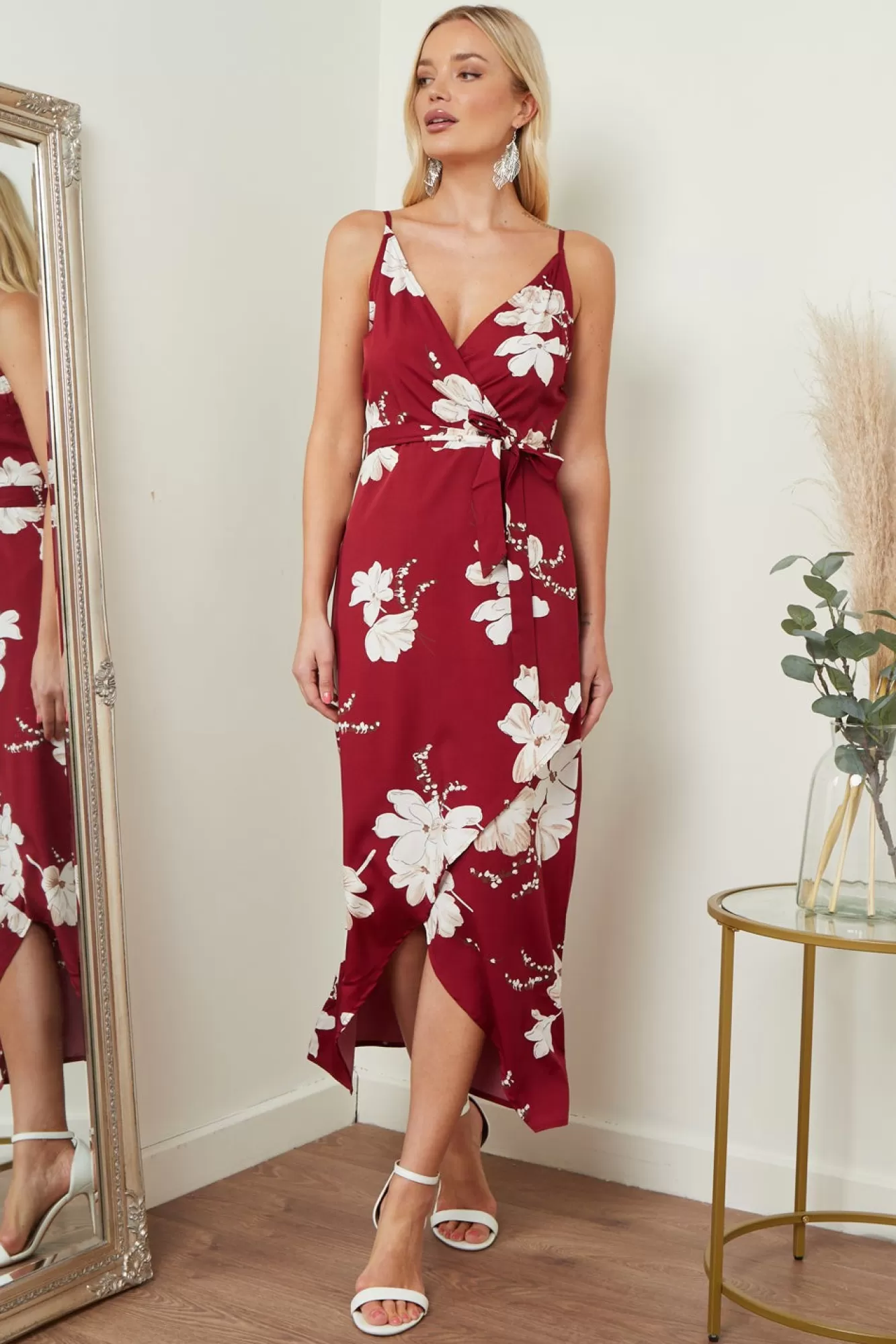 Midi Dresses^Lilura London Cami Wrap Midi Dress In Floral Print Red