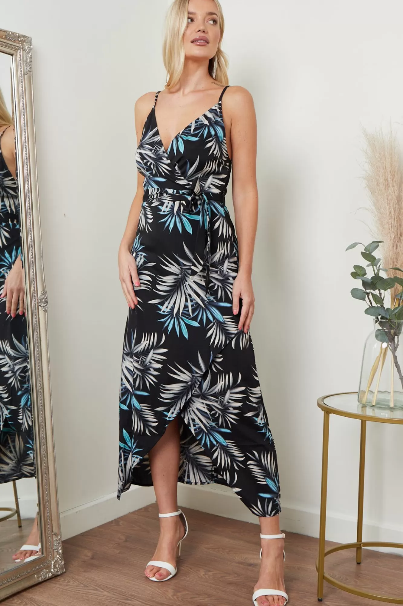 Midi Dresses^Lilura London Cami Wrap Midi Dress In Palm Print Black