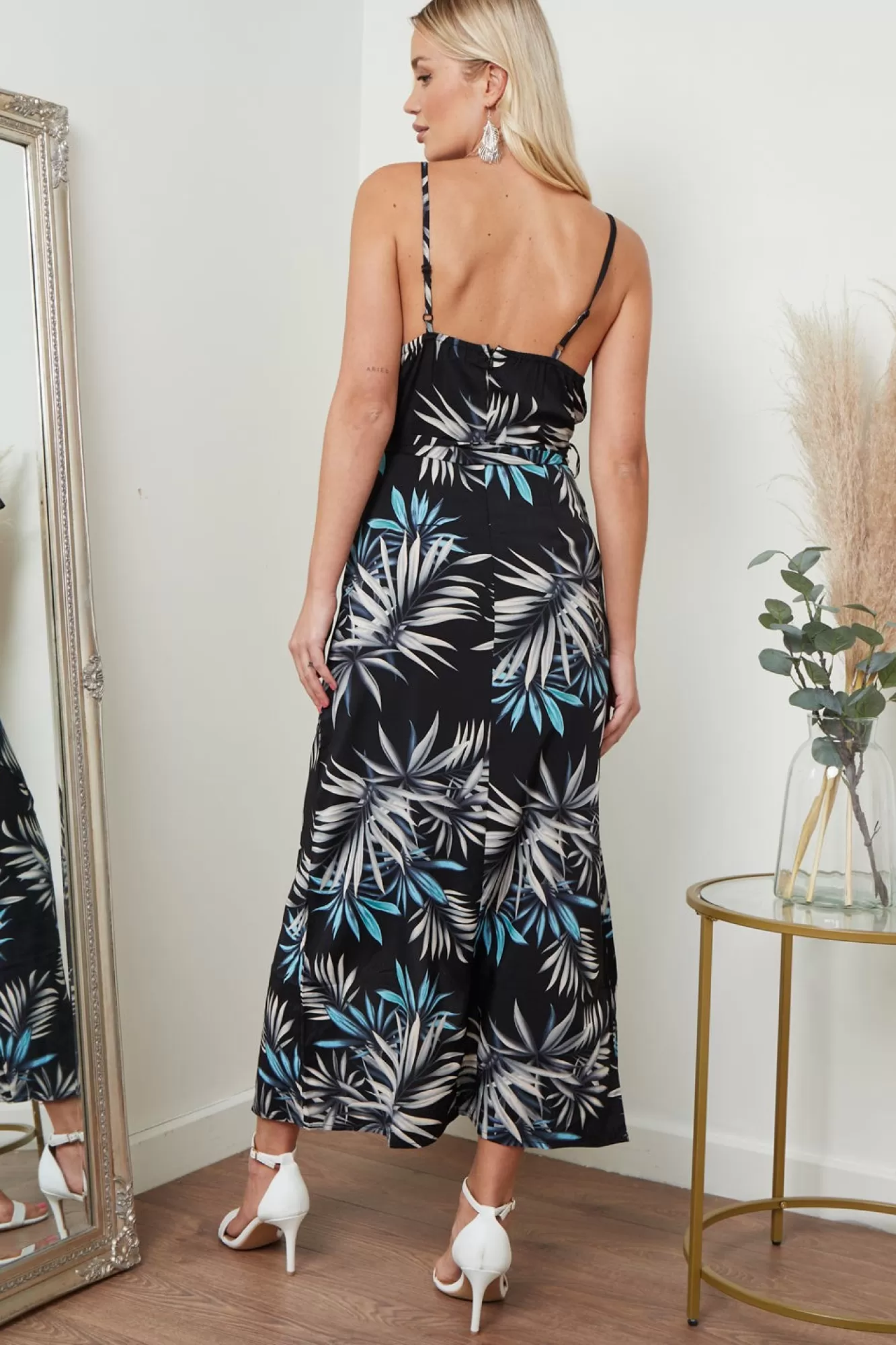 Midi Dresses^Lilura London Cami Wrap Midi Dress In Palm Print Black