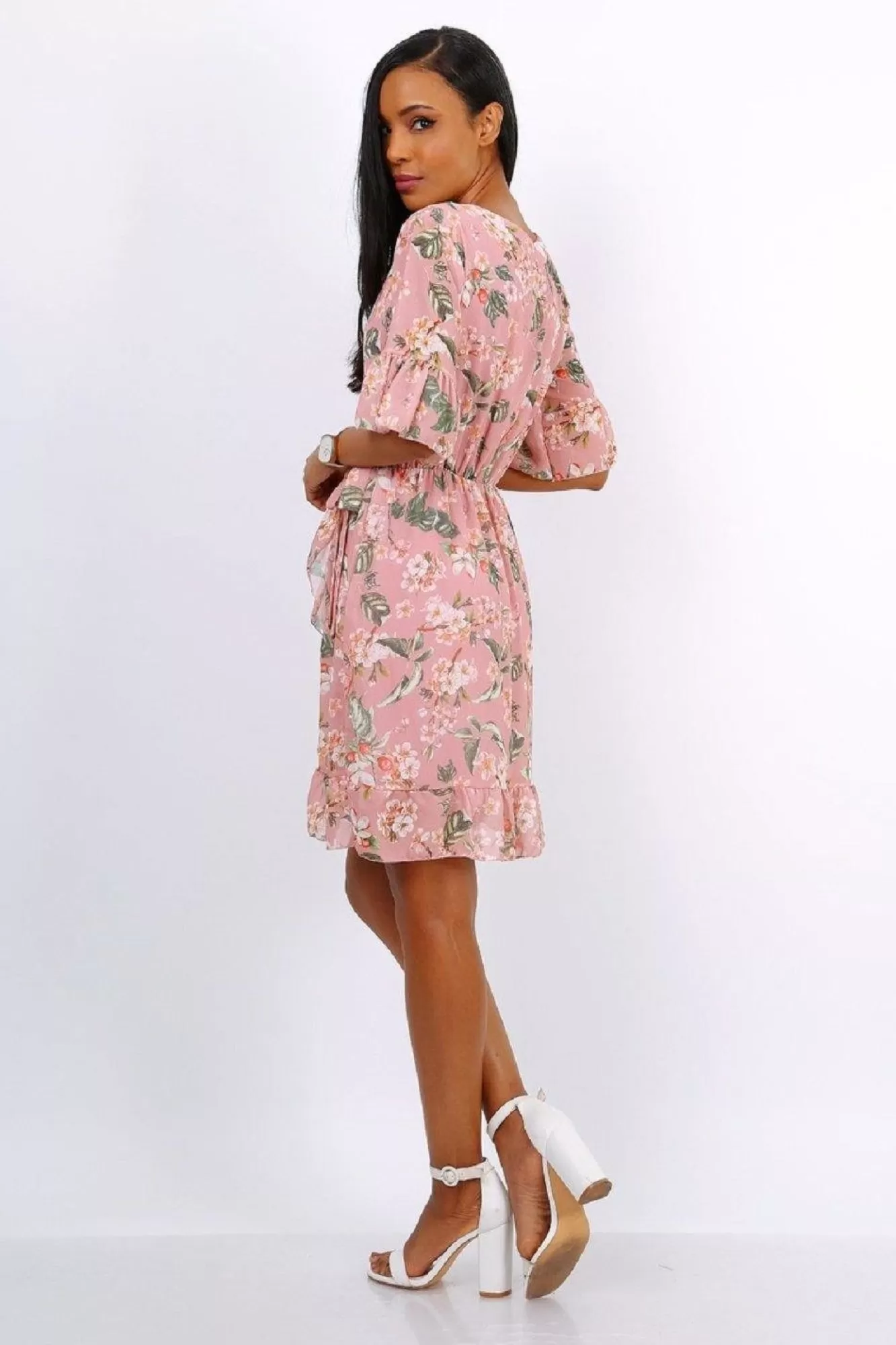 Mini Dresses^Lilura London Mini Wrap Dress With Frill Hem In Floral Pink