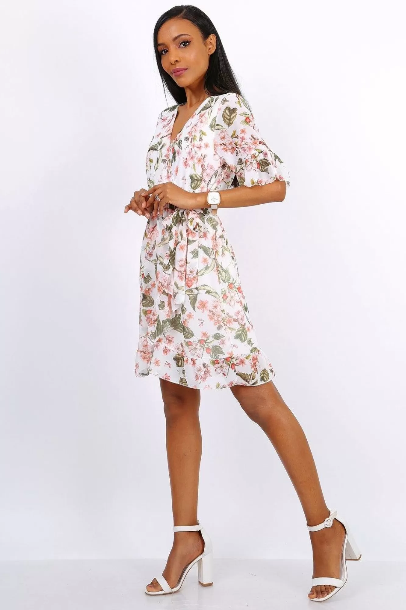 Mini Dresses^Lilura London Mini Wrap Dress With Frill Hem In Floral White