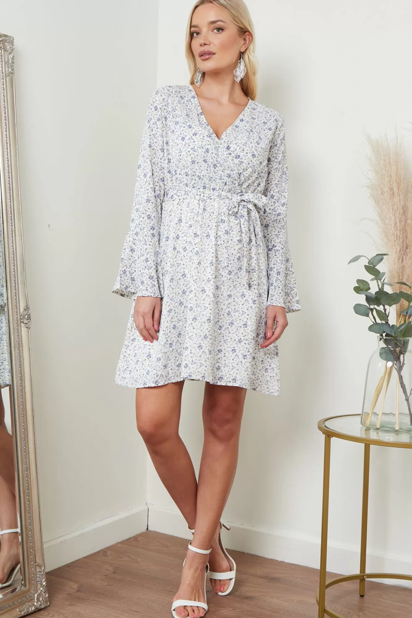 Midi Dresses^Lilura London Wrap Dress With Frill Sleeve In Floral White