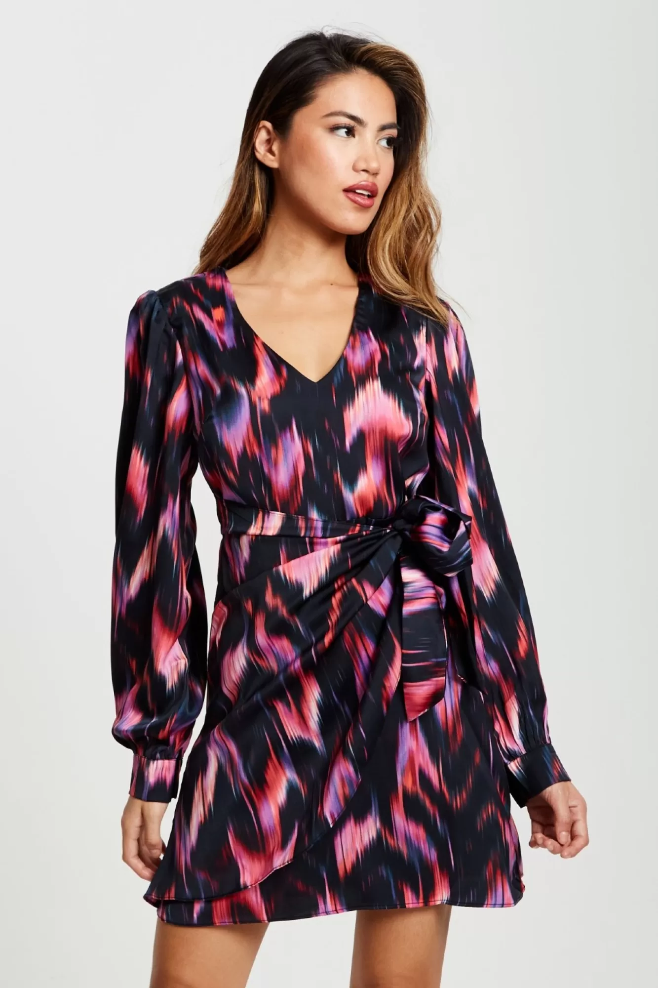 Mini Dresses^Liquorish Abstract Ikat Print Mini Wrap Dress In Black