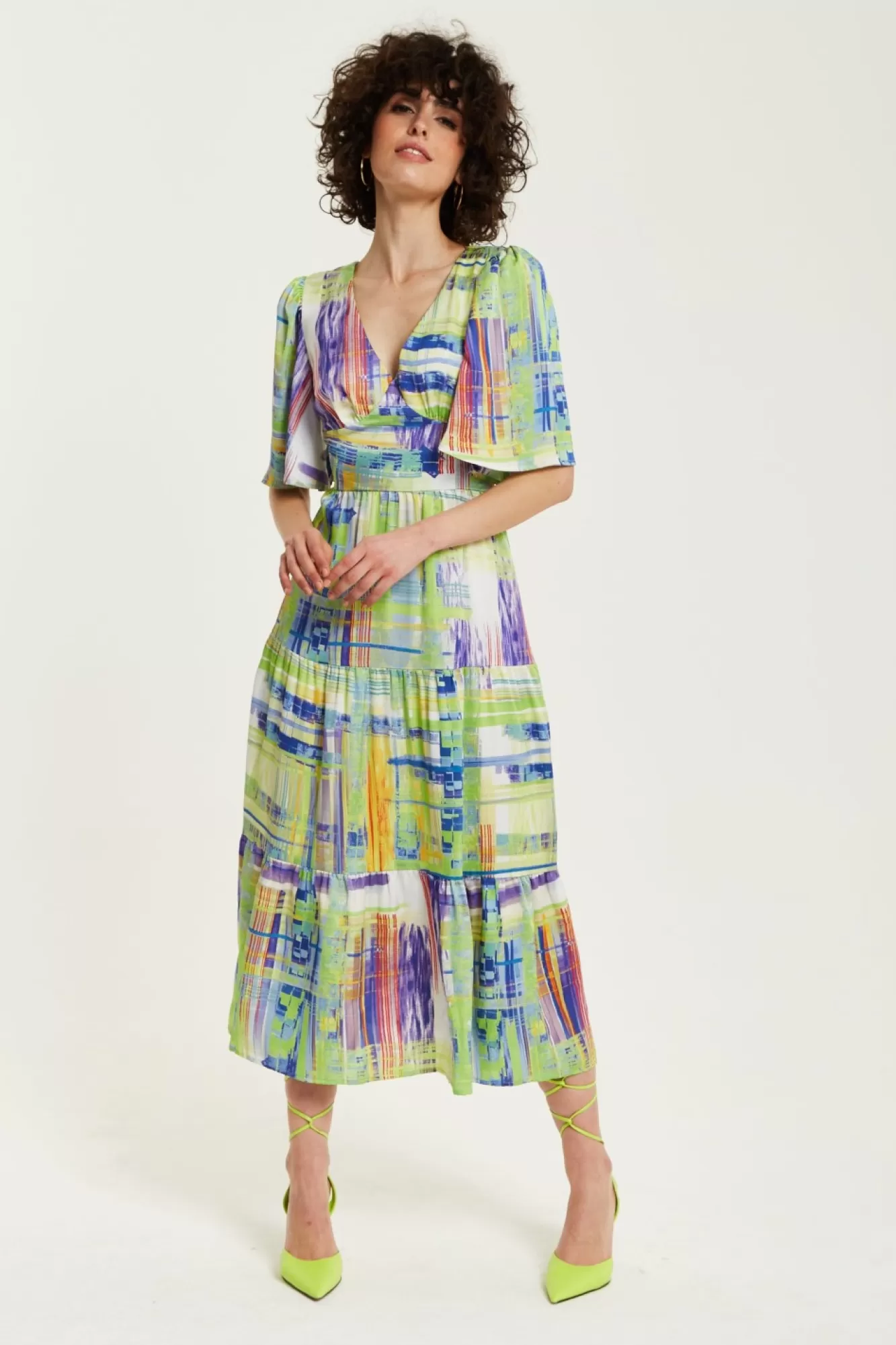 Midi Dresses^Liquorish Abstract Print Midi Dress With Short Sleeves Green