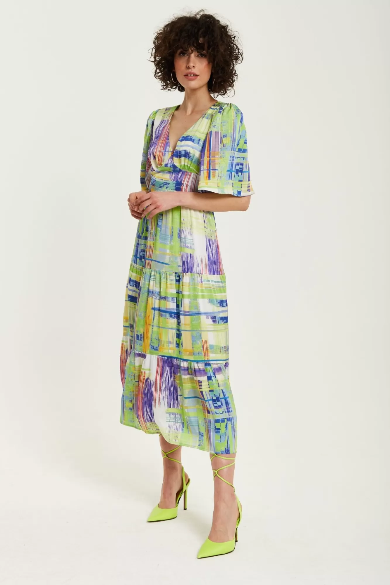 Midi Dresses^Liquorish Abstract Print Midi Dress With Short Sleeves Green
