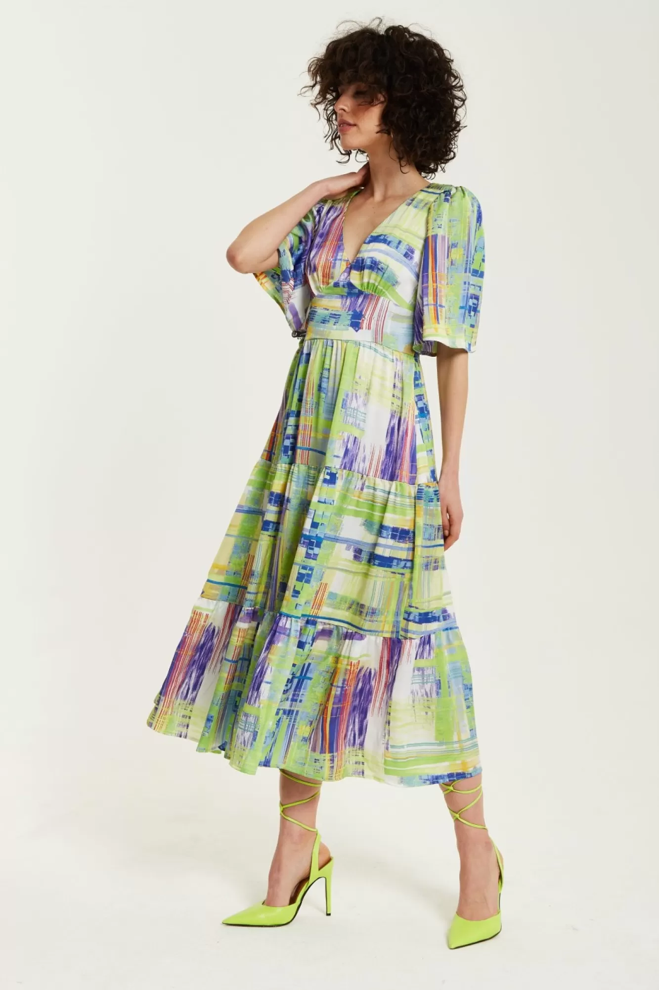 Midi Dresses^Liquorish Abstract Print Midi Dress With Short Sleeves Green