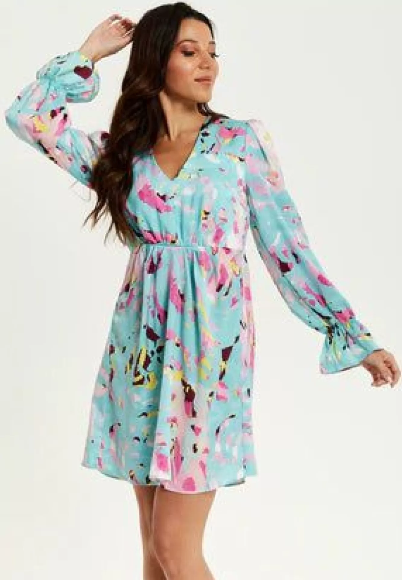 Mini Dresses^Liquorish Abstract Print Mini Dress With Open Back And Long Sleeves Blue
