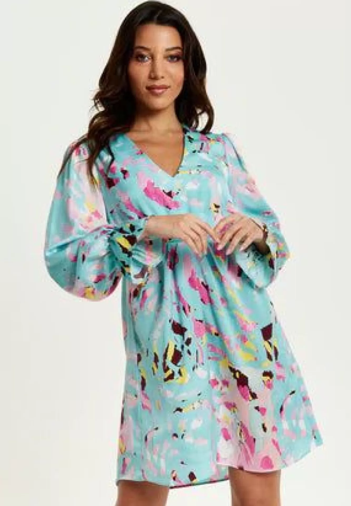 Mini Dresses^Liquorish Abstract Print Mini Dress With Open Back And Long Sleeves Blue
