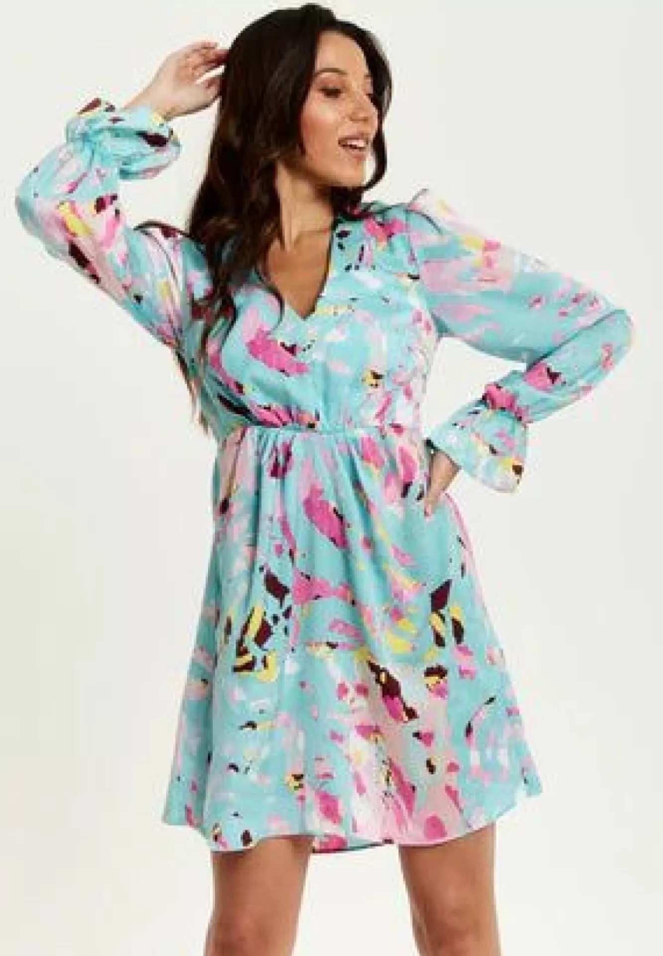 Mini Dresses^Liquorish Abstract Print Mini Dress With Open Back And Long Sleeves Blue