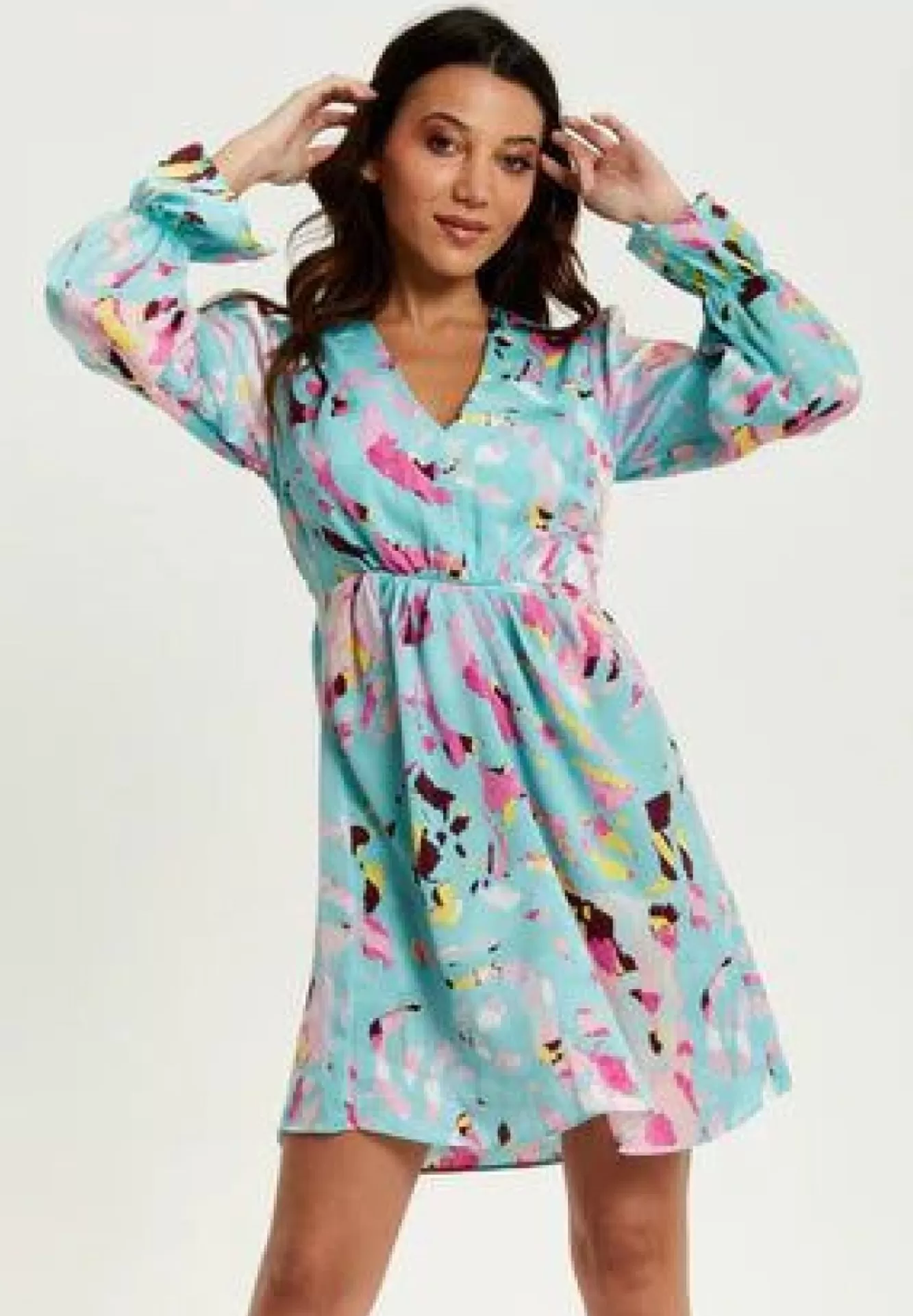 Mini Dresses^Liquorish Abstract Print Mini Dress With Open Back And Long Sleeves Blue