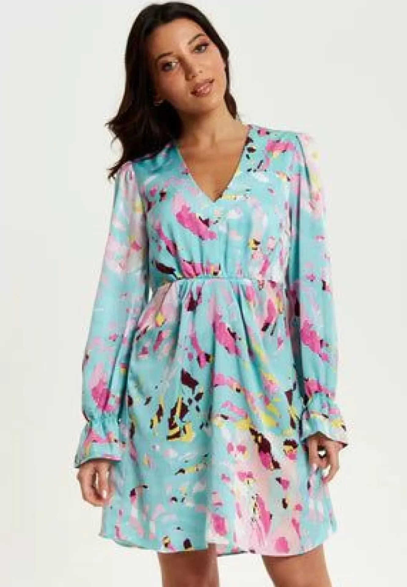 Mini Dresses^Liquorish Abstract Print Mini Dress With Open Back And Long Sleeves Blue