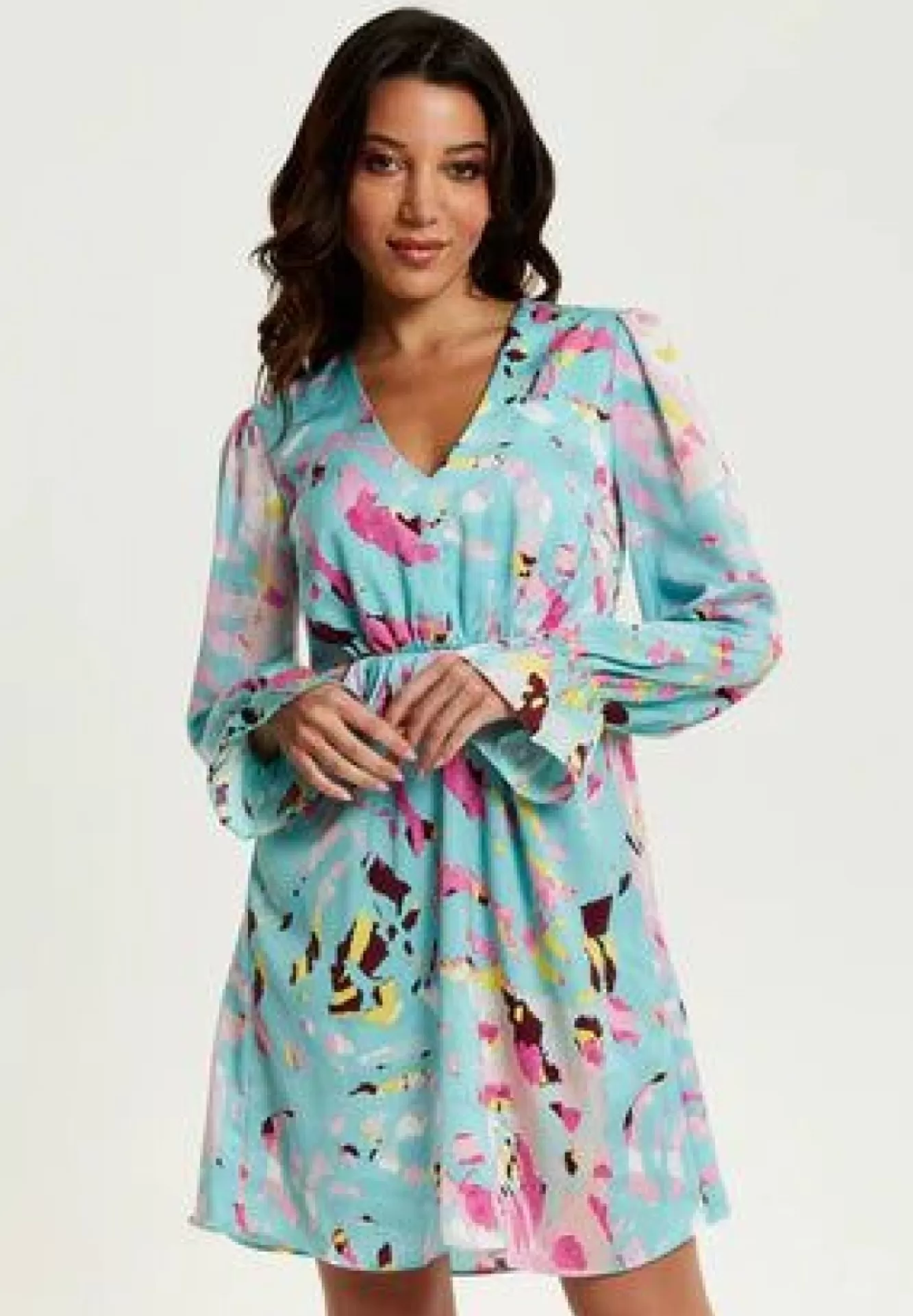 Mini Dresses^Liquorish Abstract Print Mini Dress With Open Back And Long Sleeves Blue