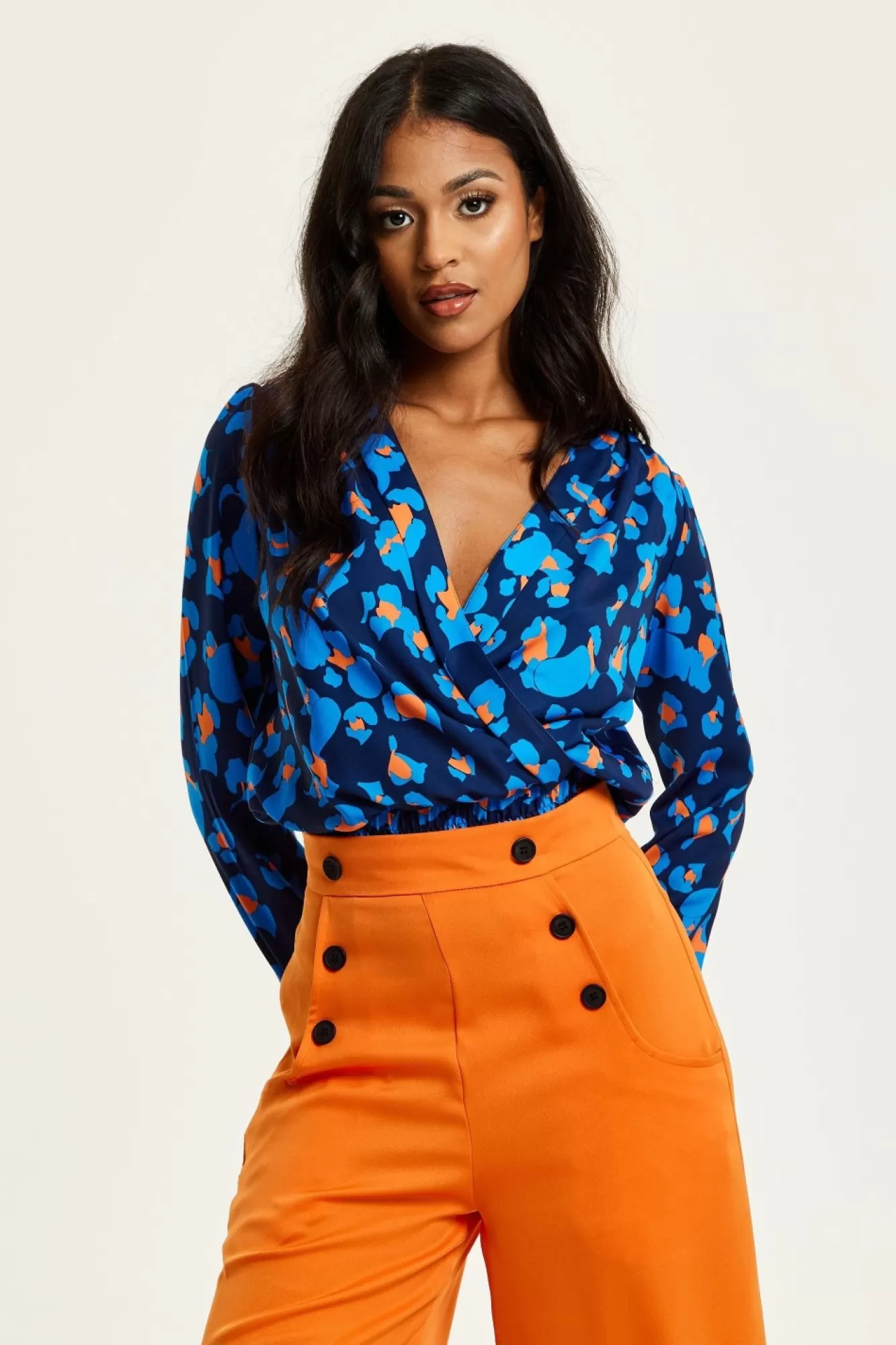Blouses^Liquorish Abstract Print Wrap Top In Pink Orange And Blue Multicolor