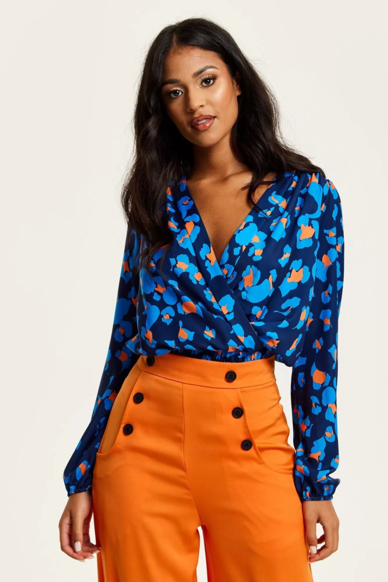 Blouses^Liquorish Abstract Print Wrap Top In Pink Orange And Blue Multicolor
