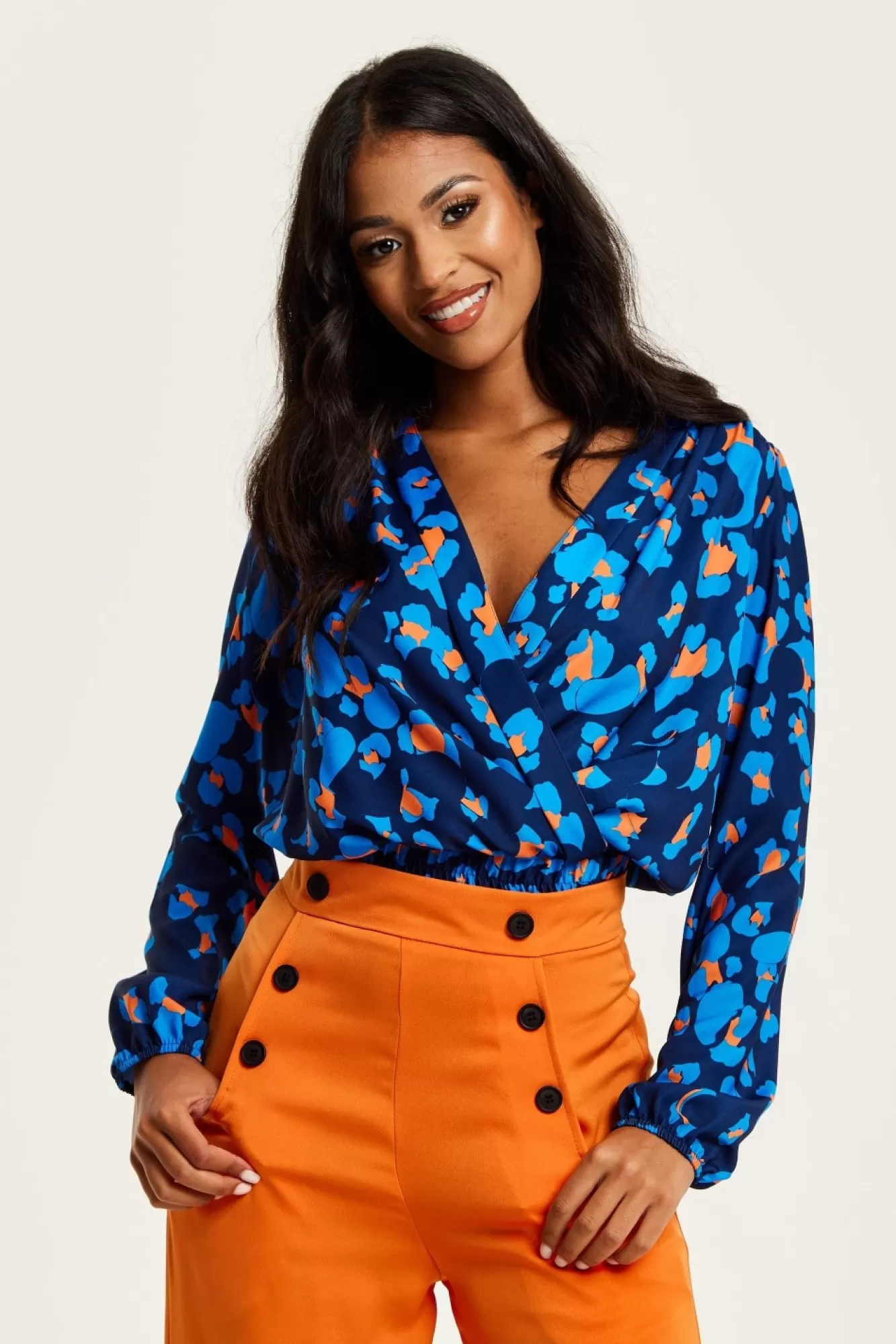 Blouses^Liquorish Abstract Print Wrap Top In Pink Orange And Blue Multicolor