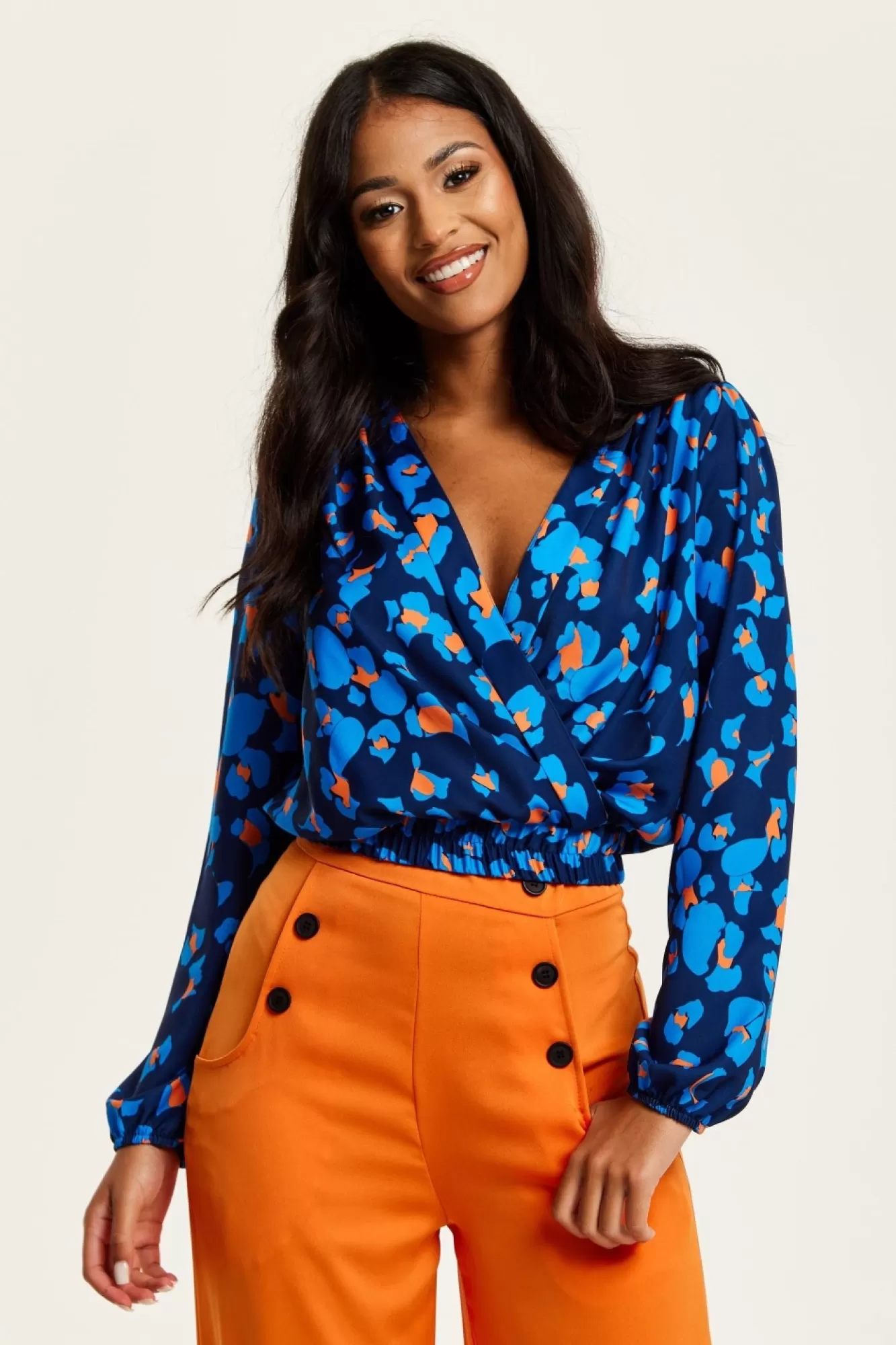 Blouses^Liquorish Abstract Print Wrap Top In Pink Orange And Blue Multicolor