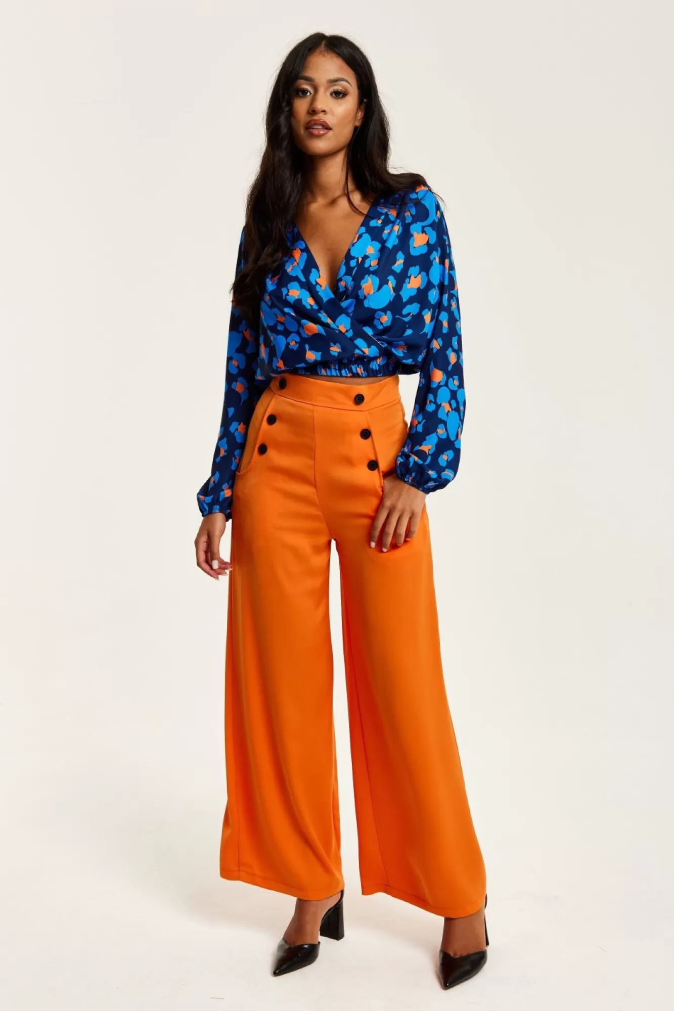 Blouses^Liquorish Abstract Print Wrap Top In Pink Orange And Blue Multicolor
