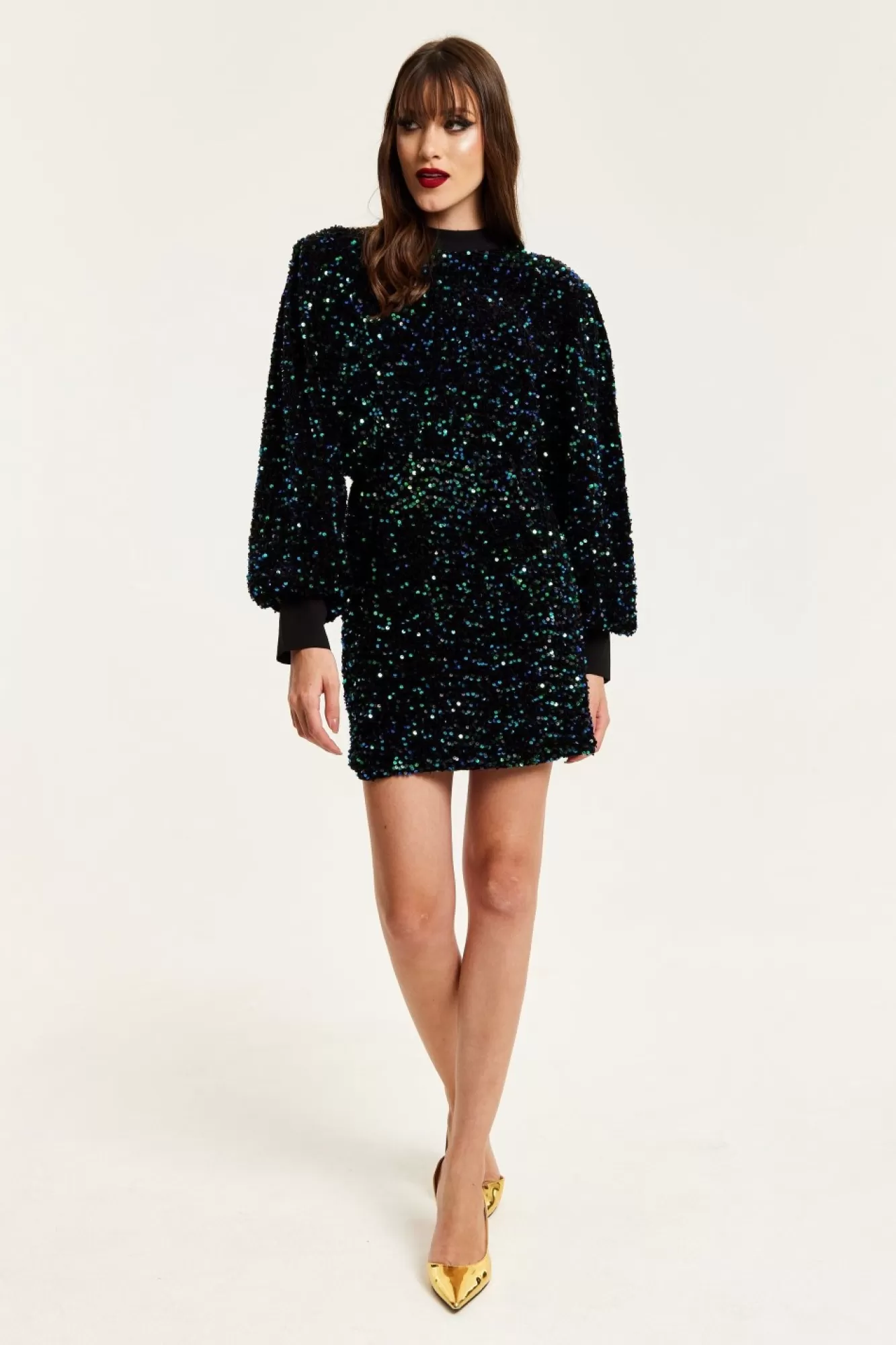Mini Dresses^Liquorish Black Velvet Based Green And Blue Sequin Mini Dress Multicolor