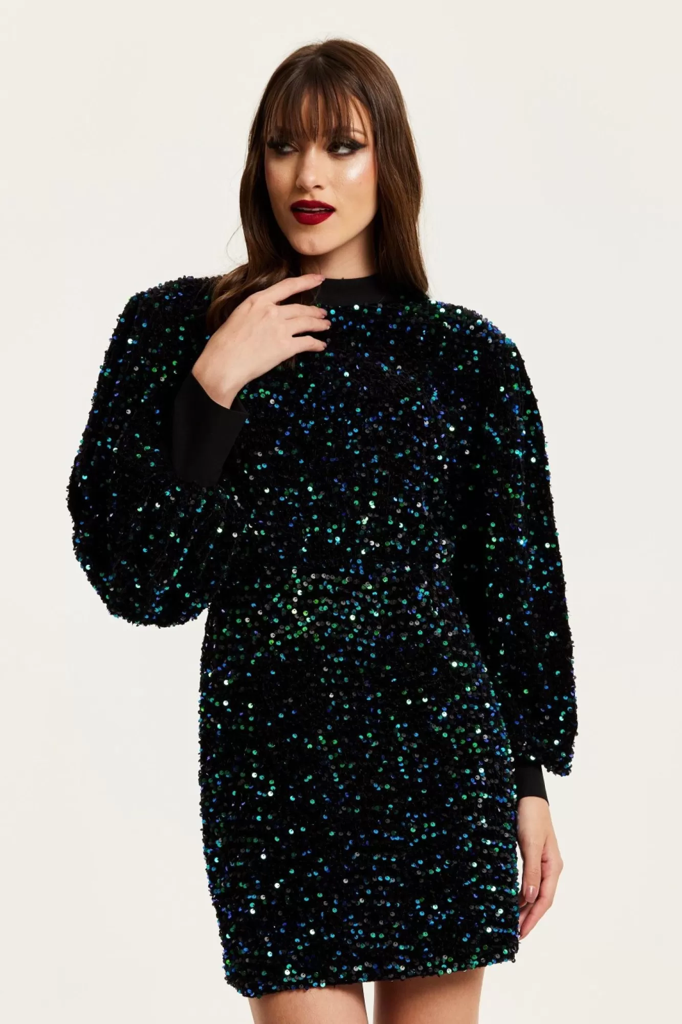 Mini Dresses^Liquorish Black Velvet Based Green And Blue Sequin Mini Dress Multicolor