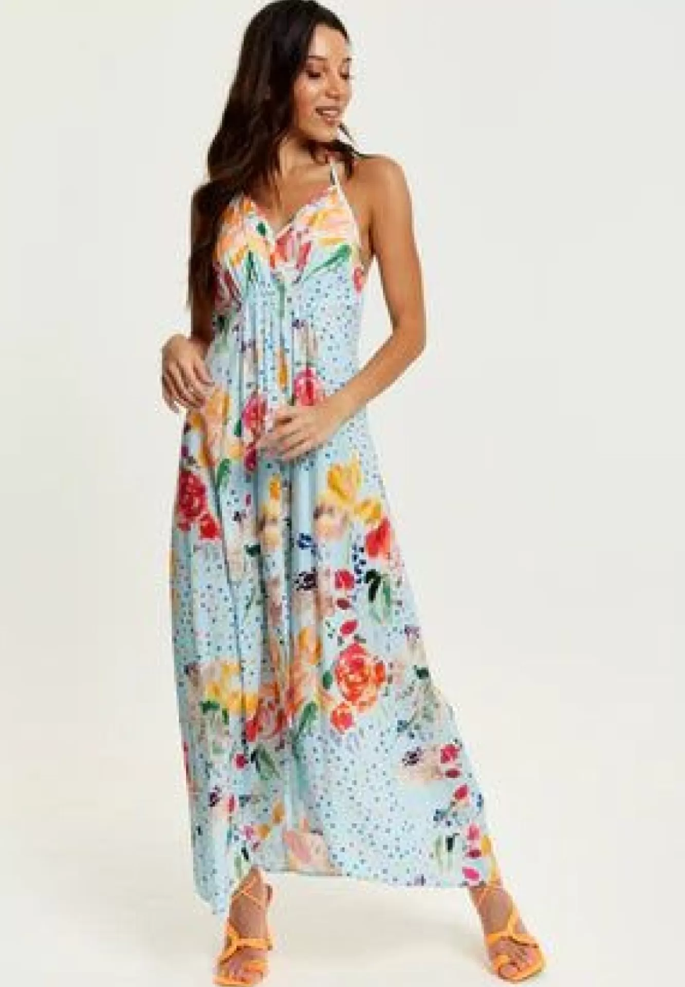 Midi Dresses^Liquorish Blue Floral Print Midi Asymmetrical Dress With Open Back Multicolor