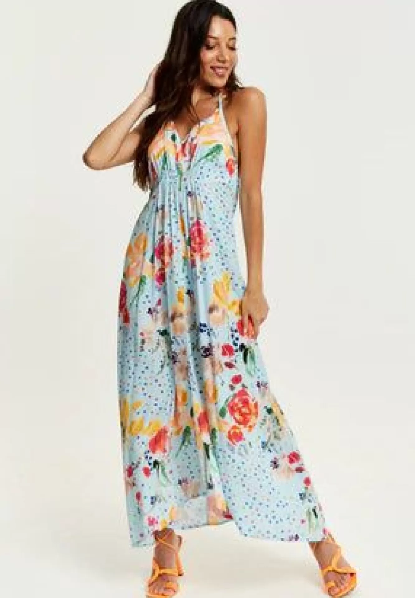Midi Dresses^Liquorish Blue Floral Print Midi Asymmetrical Dress With Open Back Multicolor