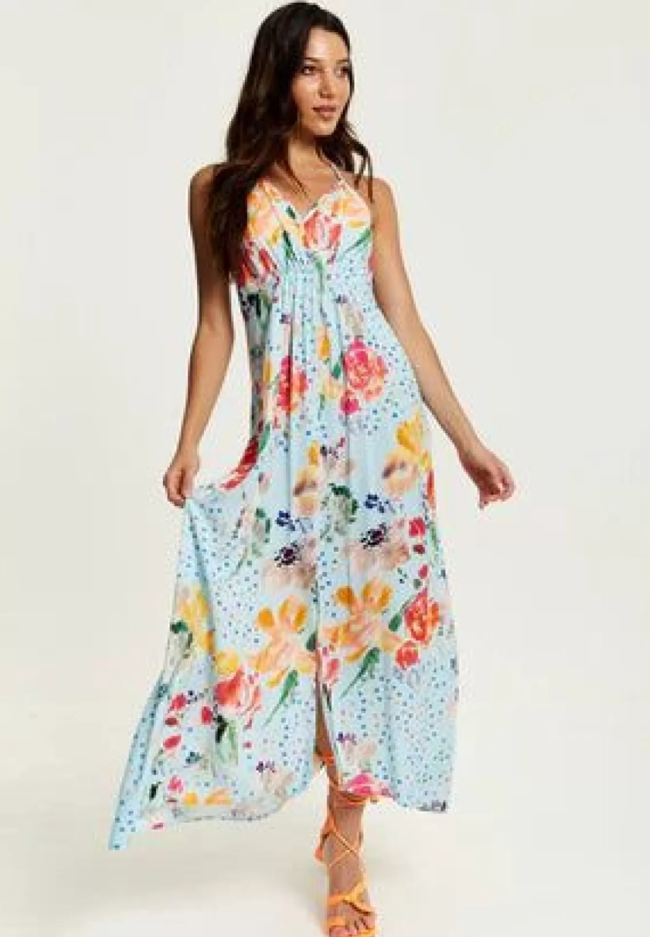 Midi Dresses^Liquorish Blue Floral Print Midi Asymmetrical Dress With Open Back Multicolor