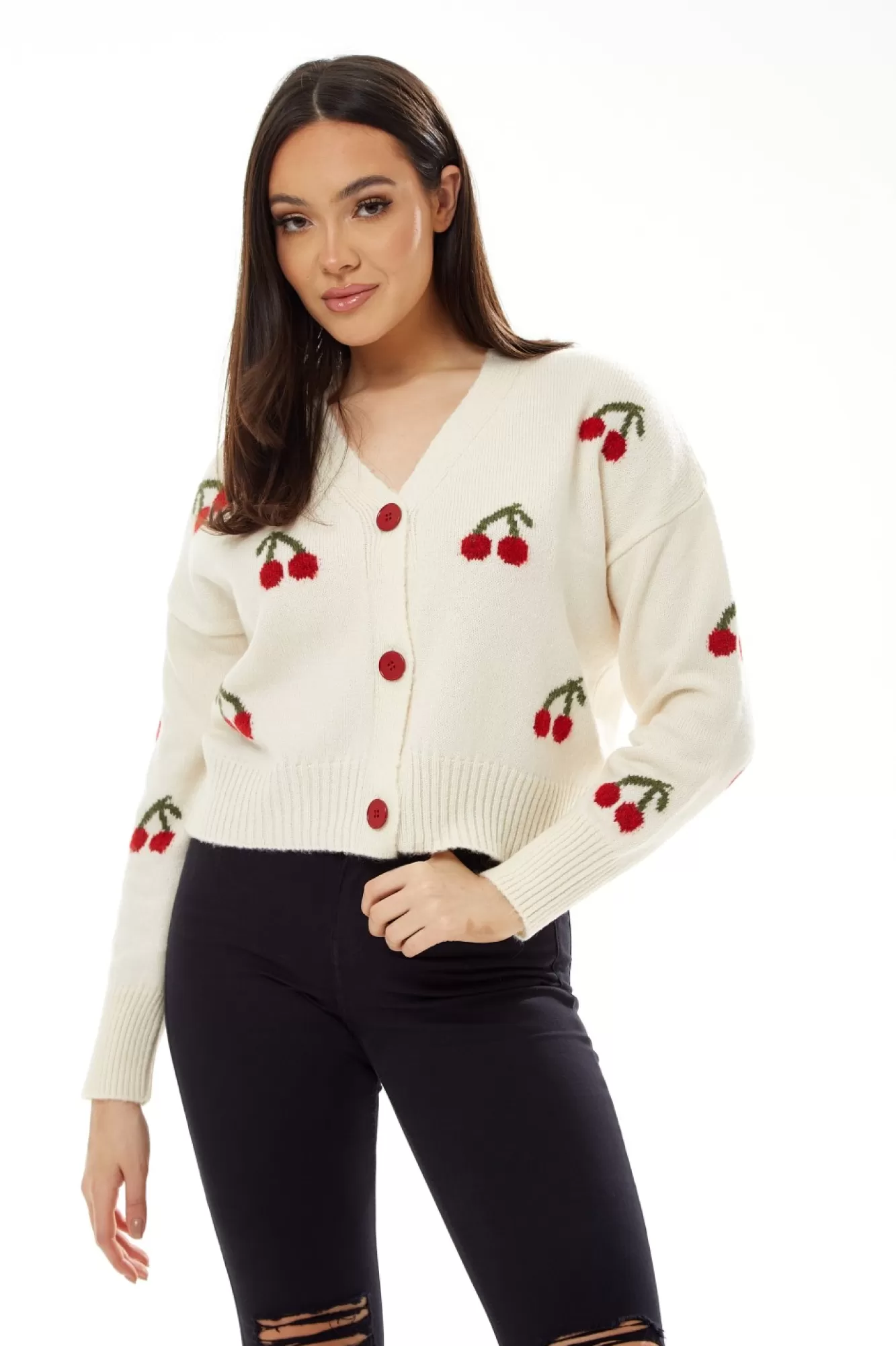 Cardigans^Liquorish Cherry Pattern Cardigan White
