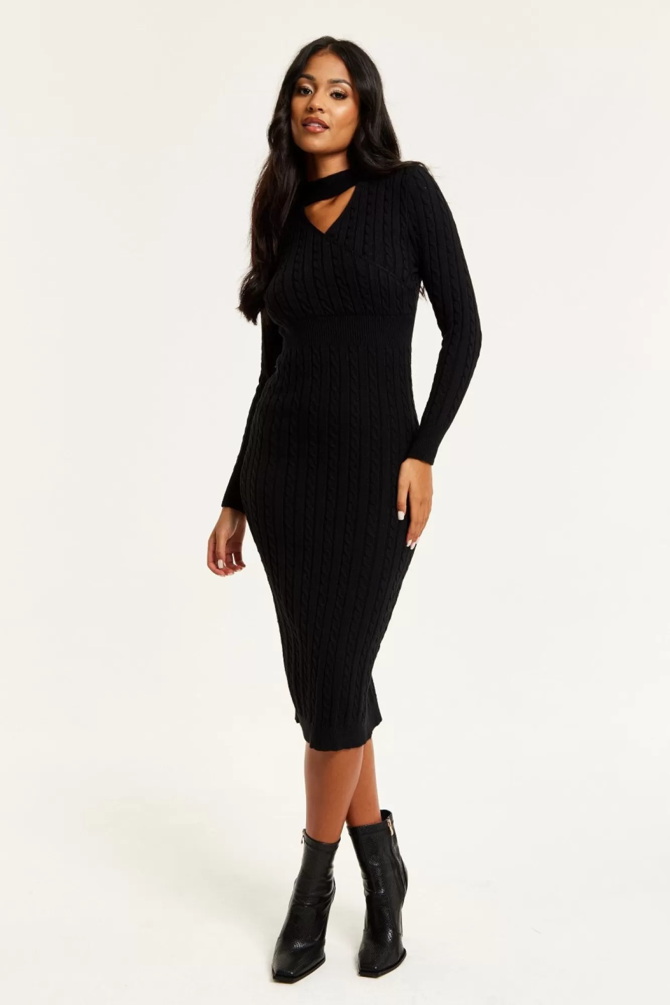 Midi Dresses^Liquorish Cut Out Front Cable Knit Midi Dress In Black