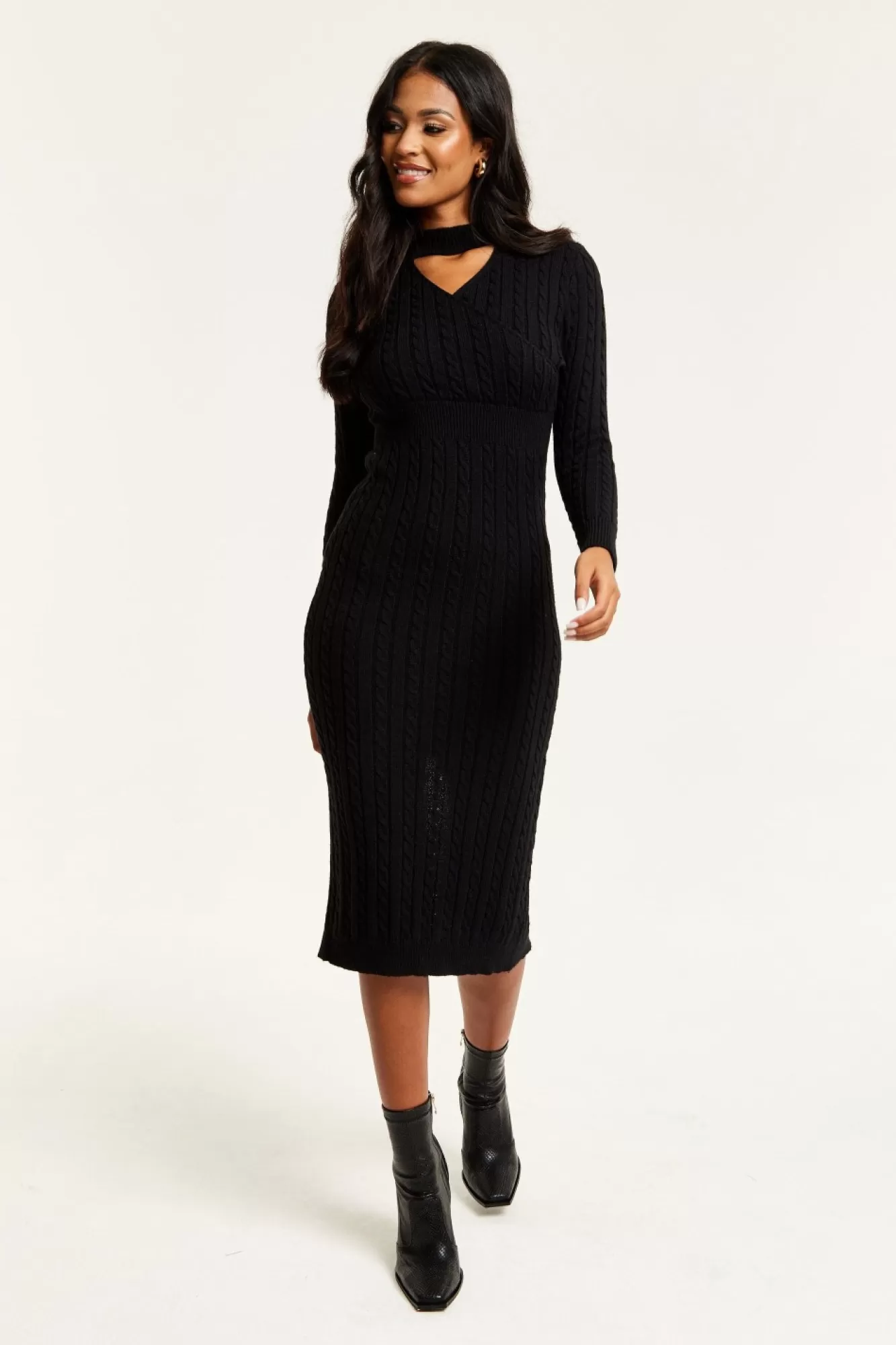 Midi Dresses^Liquorish Cut Out Front Cable Knit Midi Dress In Black