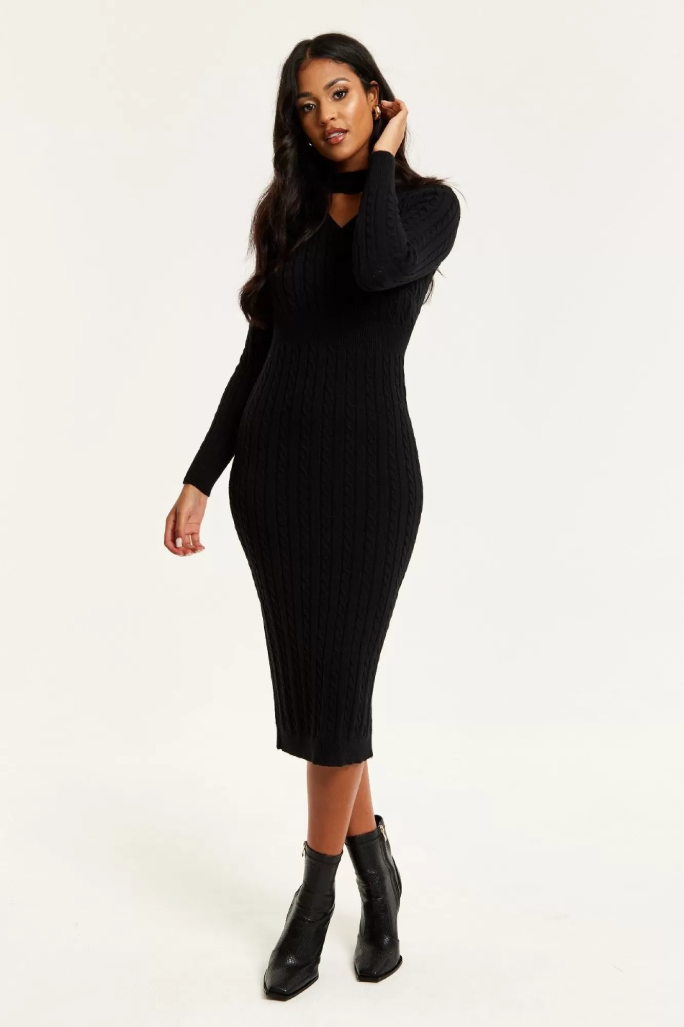 Midi Dresses^Liquorish Cut Out Front Cable Knit Midi Dress In Black