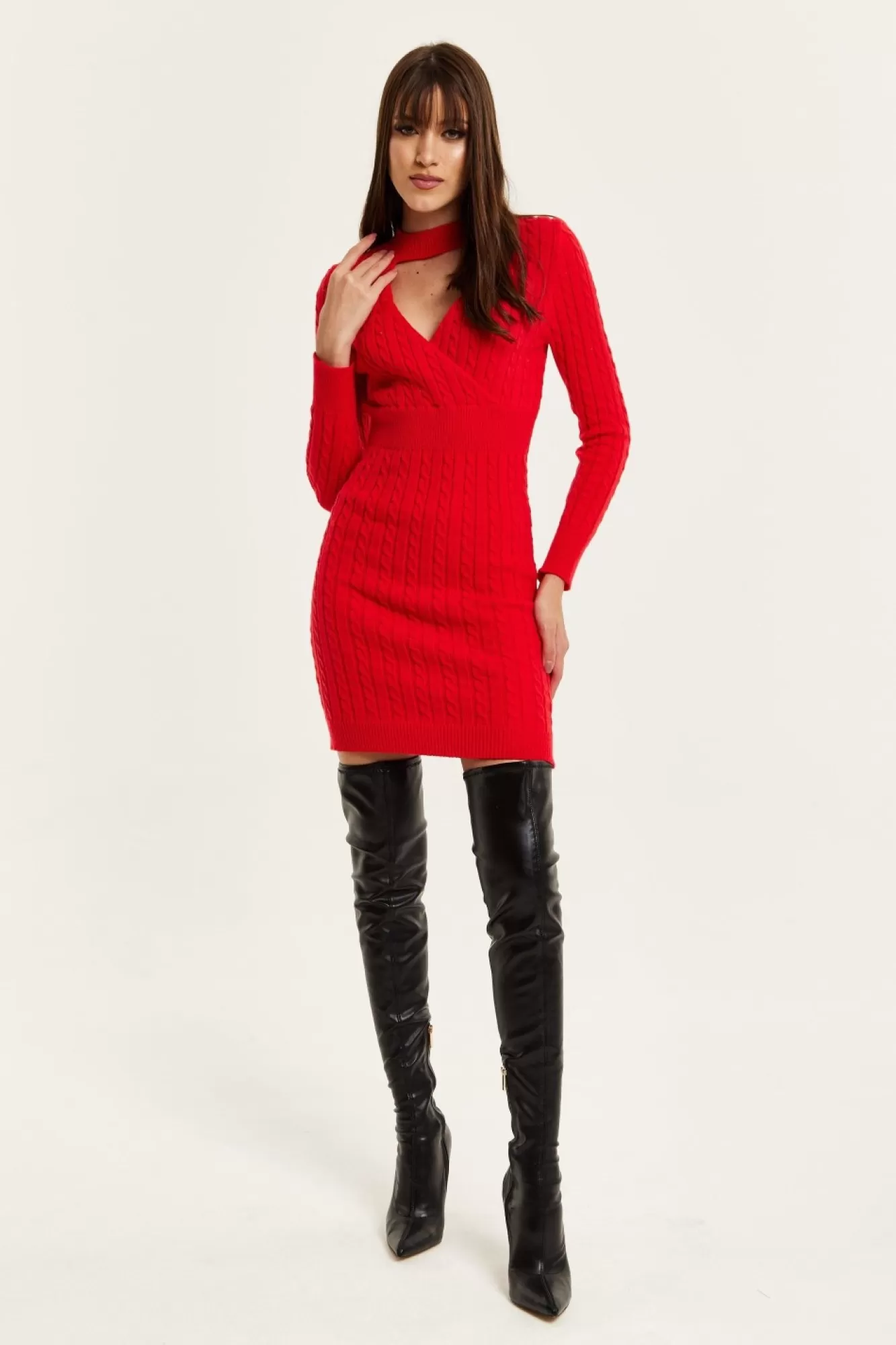 Mini Dresses^Liquorish Cut Out Front Cable Knit Mini Dress In Red