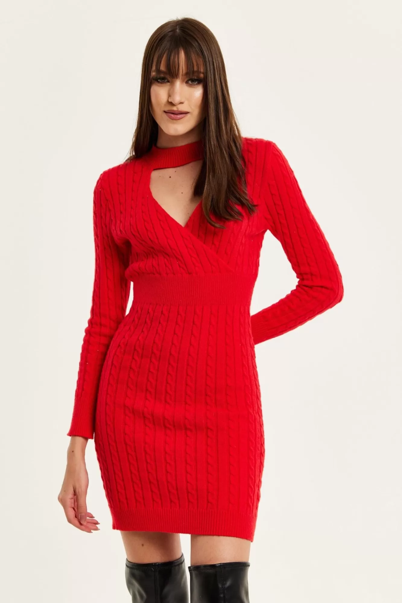 Mini Dresses^Liquorish Cut Out Front Cable Knit Mini Dress In Red