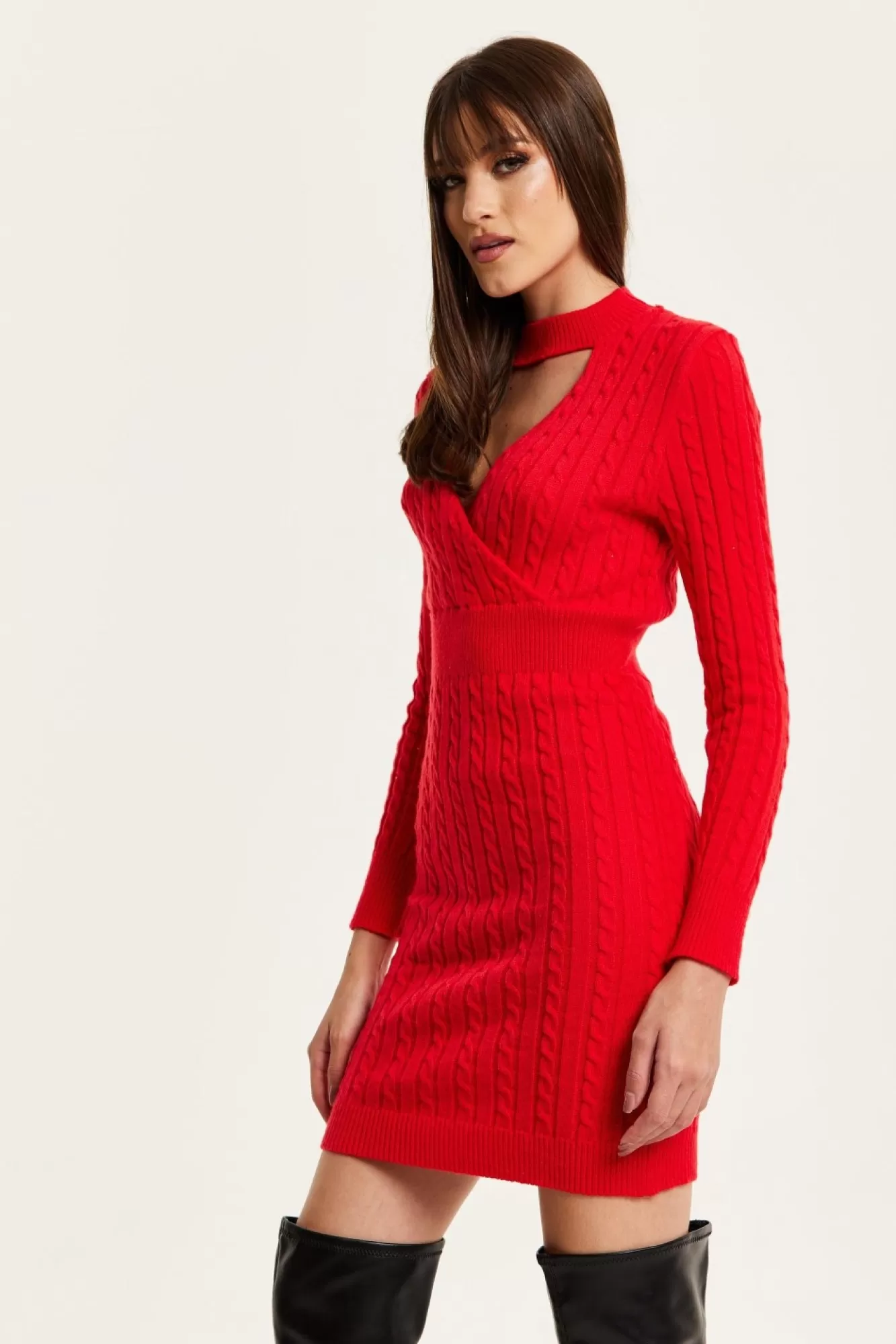 Mini Dresses^Liquorish Cut Out Front Cable Knit Mini Dress In Red