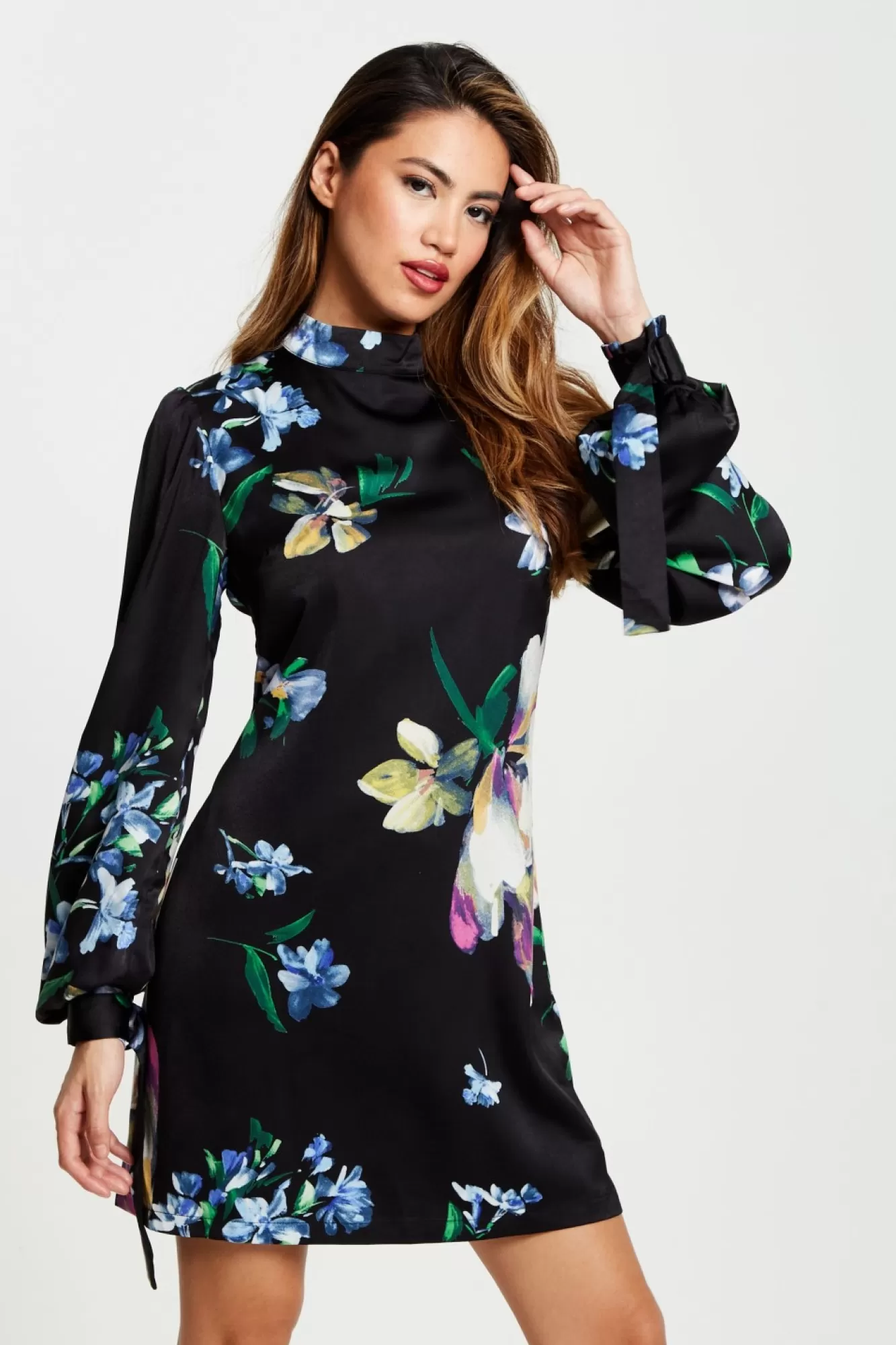 Mini Dresses^Liquorish Elegant Floral Print A-Line Mini Dress Black