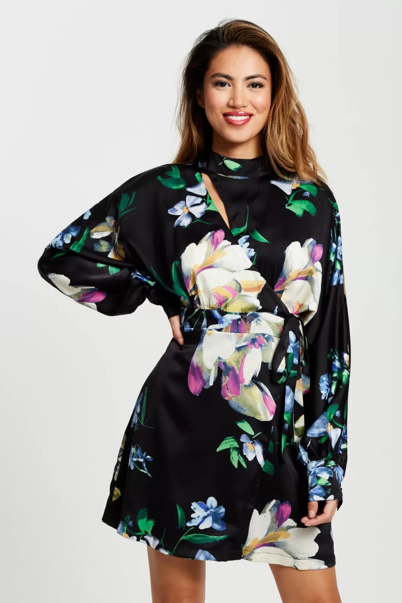 Mini Dresses^Liquorish Elegant Floral Print Mini Wrap Dress Black