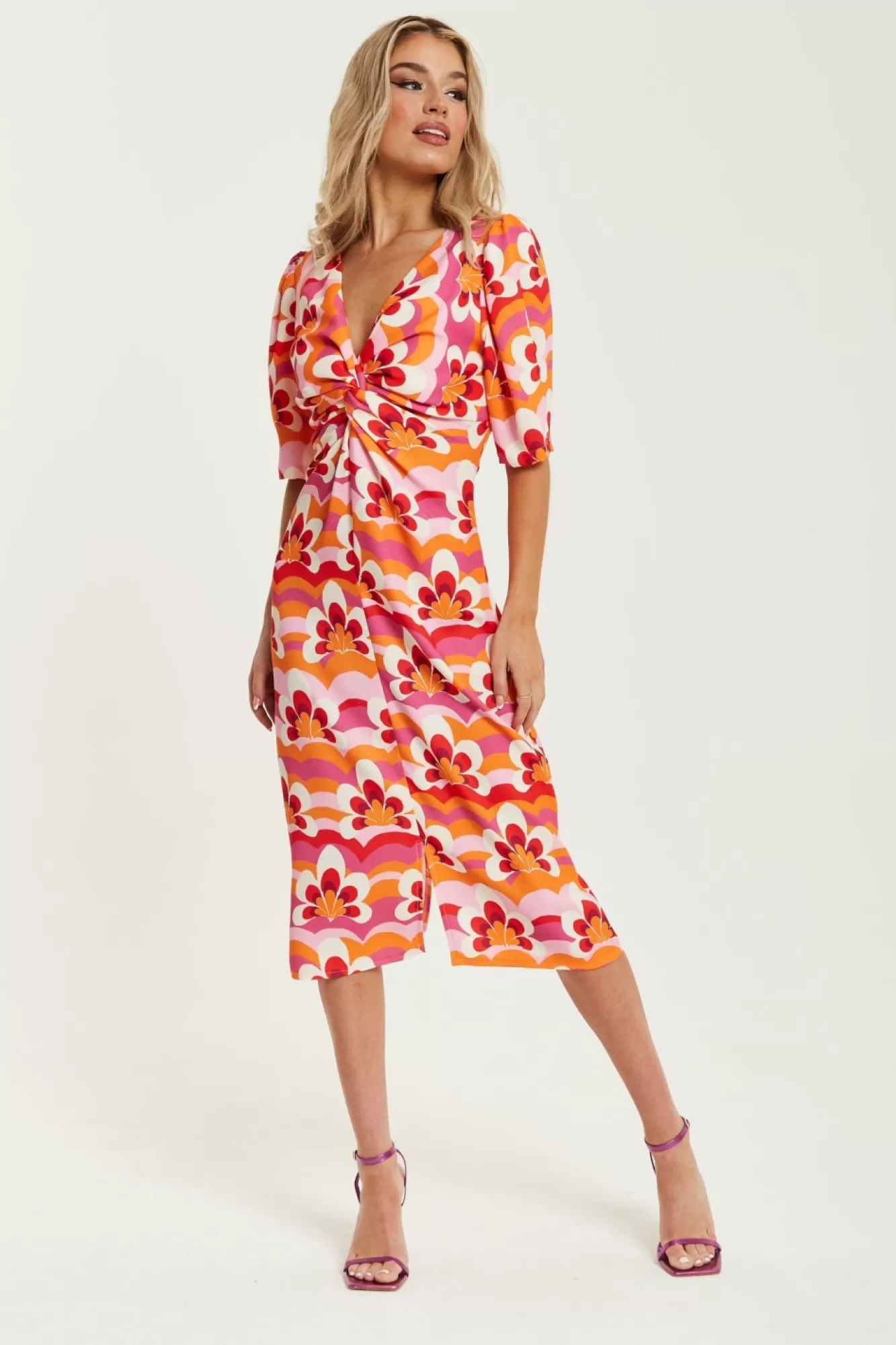 Midi Dresses^Liquorish Floral Knot Front Midi Dress In Orange And Pink Multicolour