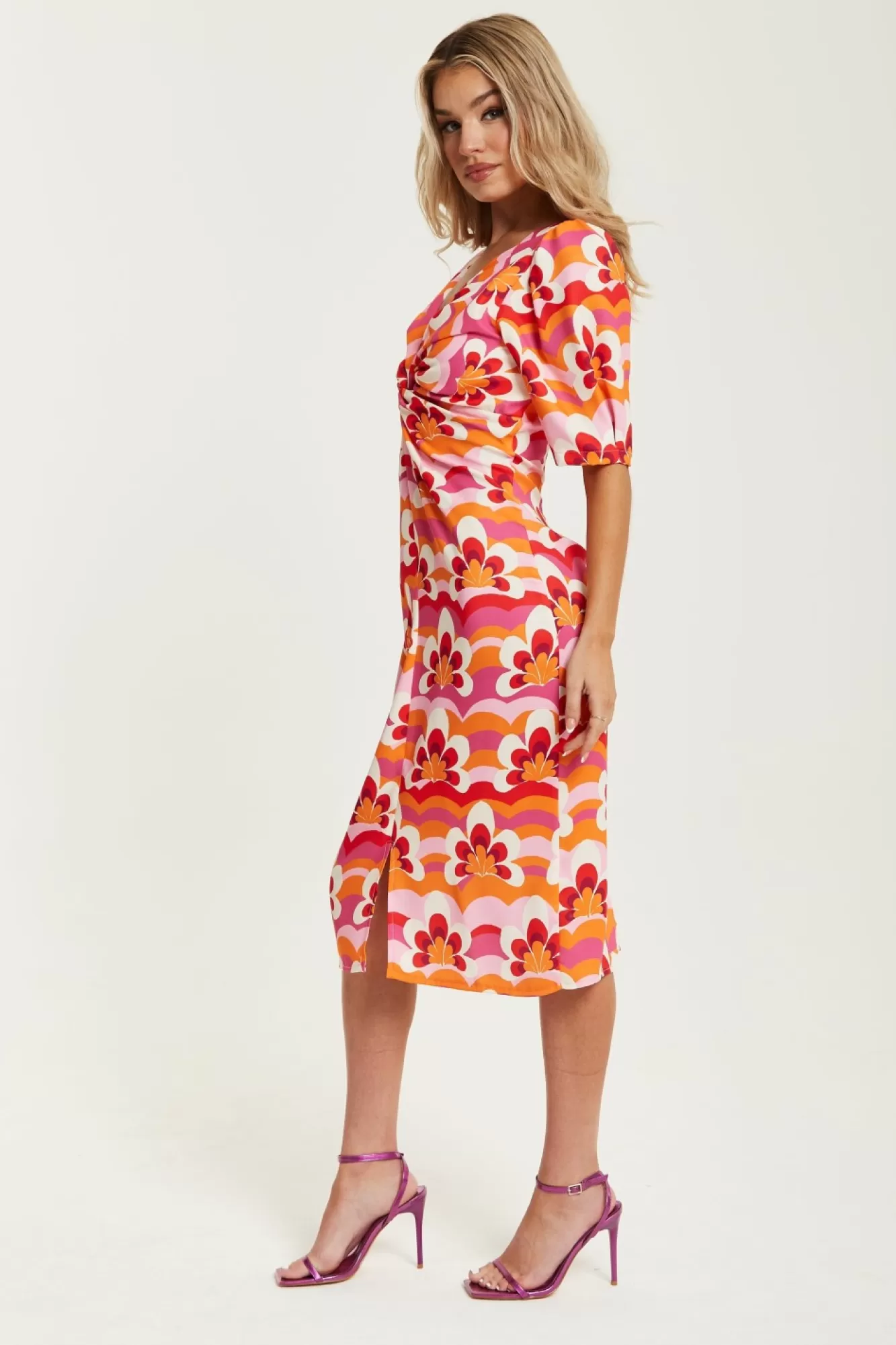 Midi Dresses^Liquorish Floral Knot Front Midi Dress In Orange And Pink Multicolour