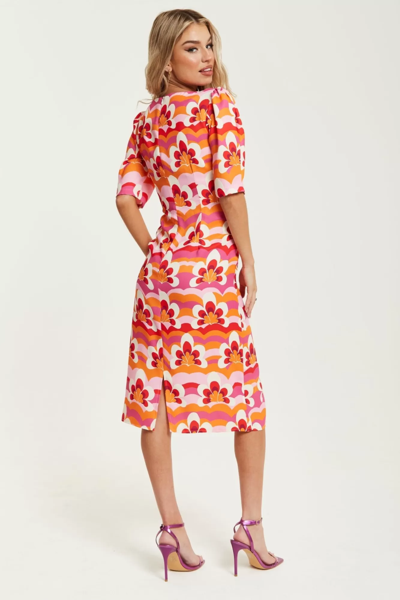 Midi Dresses^Liquorish Floral Knot Front Midi Dress In Orange And Pink Multicolour