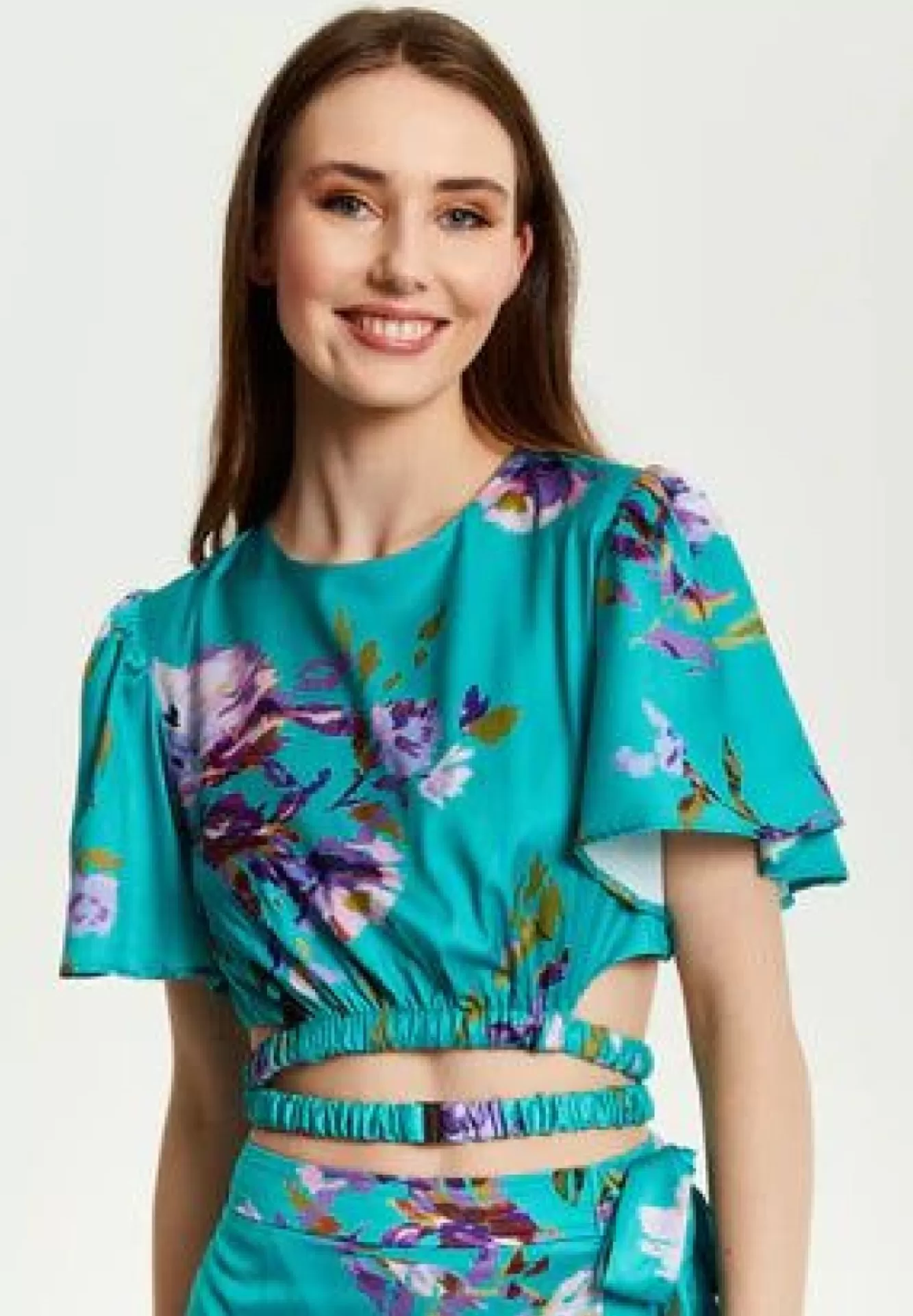 Crop Tops^Liquorish Floral Print Crop Top With Tie Details Green