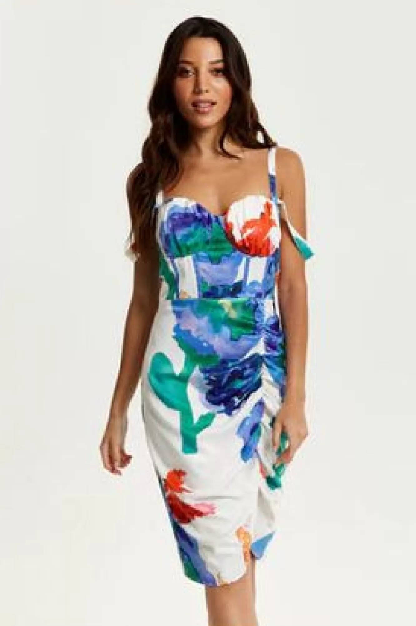 Mini Dresses^Liquorish Floral Print Ruched White Based Mini Dress Multicolor