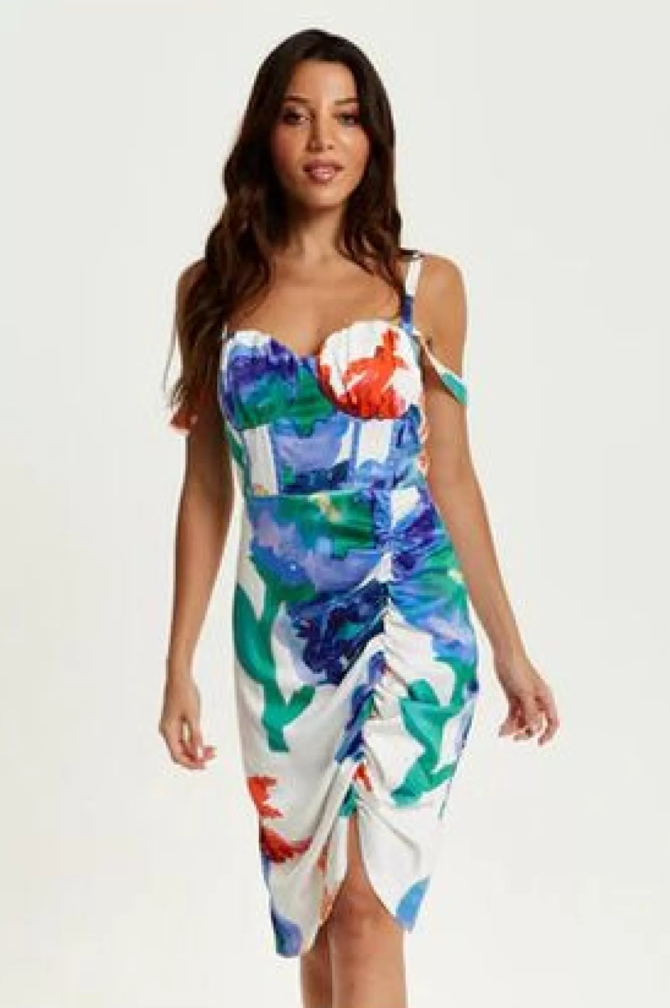 Mini Dresses^Liquorish Floral Print Ruched White Based Mini Dress Multicolor