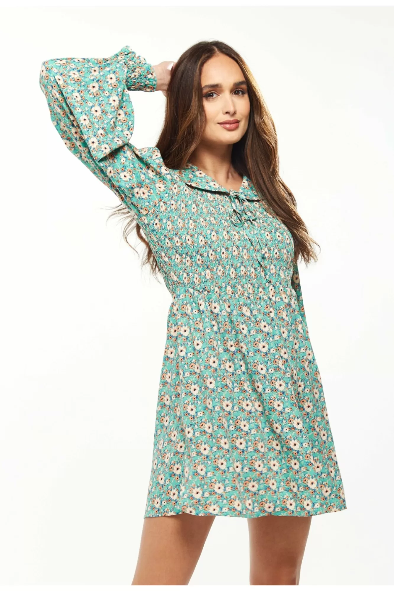 Mini Dresses^Liquorish Floral Print Smock Mini Dress Peter Pan Green