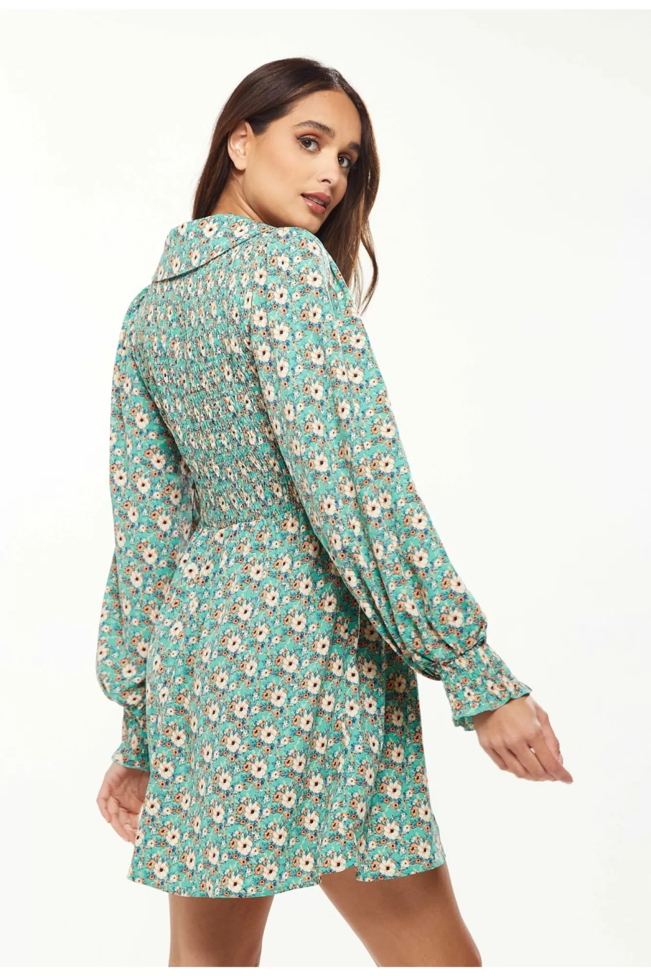 Mini Dresses^Liquorish Floral Print Smock Mini Dress Peter Pan Green