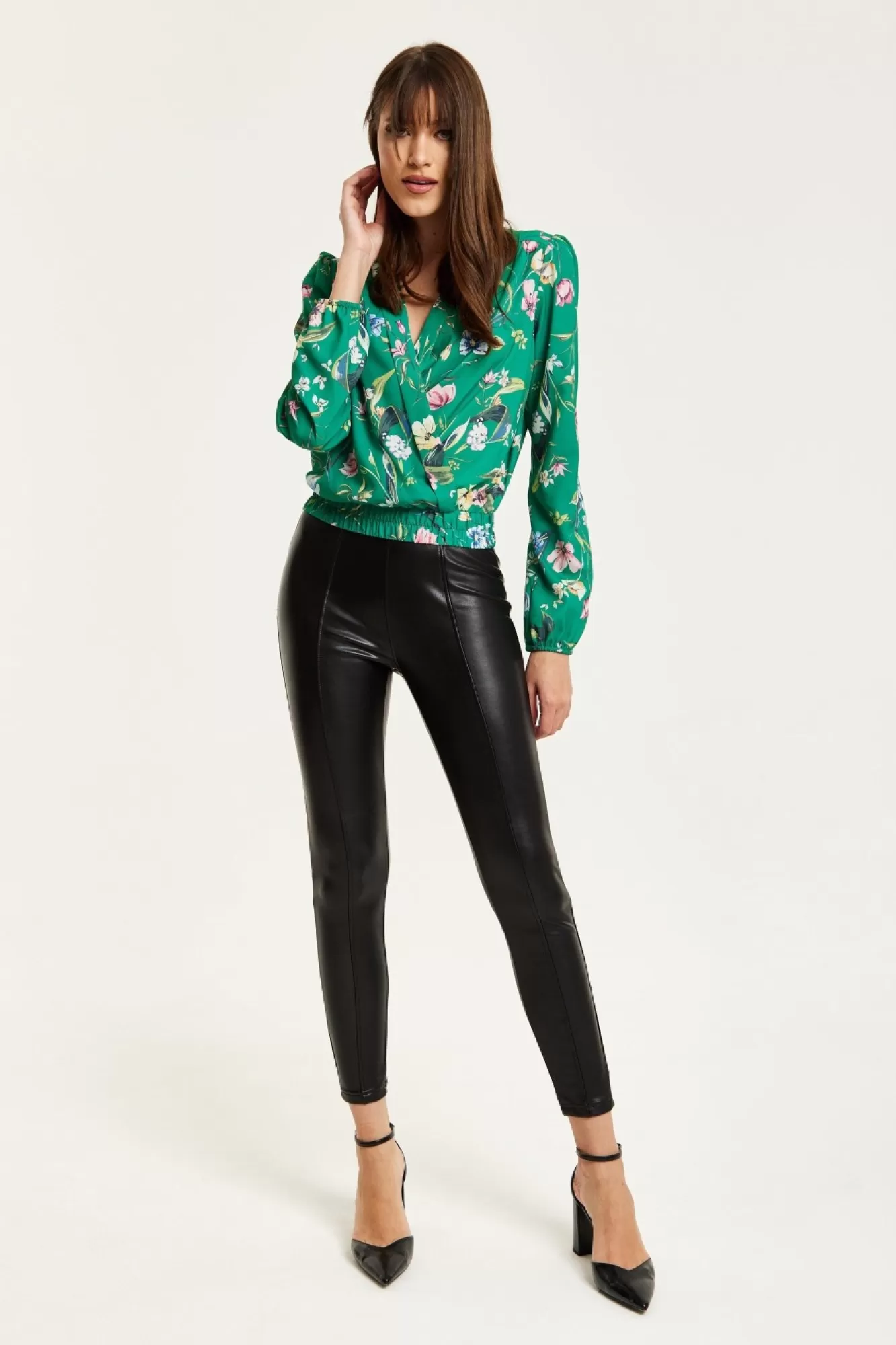 Blouses^Liquorish Floral Print Wrap Top Green